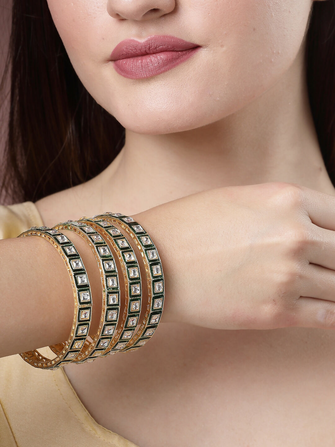 NVR Women's Set Of 4 Gold-Polished Green Kundan-Studded Traditional Bangles | Grab2Buy