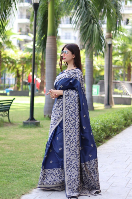 Aastha Fashion Navy Blue Woven Handloom Raw Silk Saree with Blouse - Grab2buy