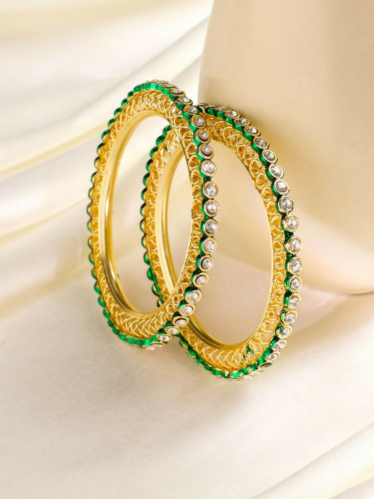 NVR Women Set of 2 Gold-Polished Green Kundan Studded Bangles 