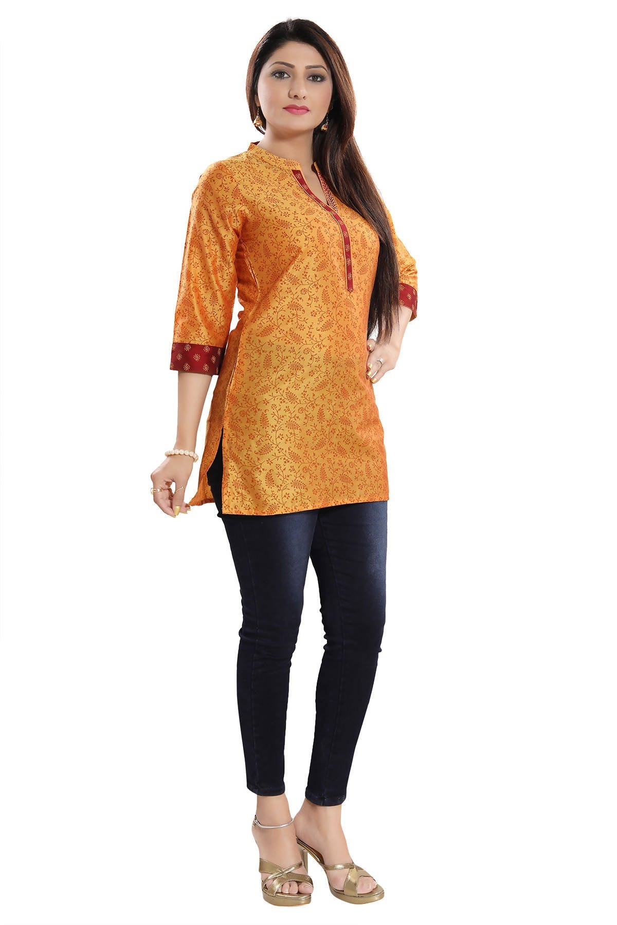 Snehal Creations Luxurious Fine Fire Gold Cotton Silk Short Tunic