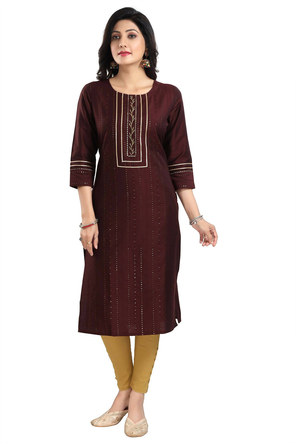 Snehal Creations Beautiful Brown Cotton Silk Designer Long Kurti Tunic With Sequines Embroidery