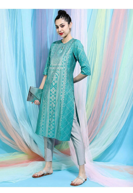Cheera Embellished Daily Wear Cotton Blend Kurta - Turquoise Green - Distacart