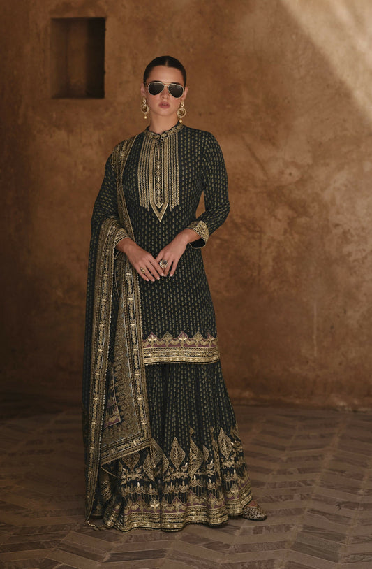 Anaita Black Silk Readymade Palazzo Suit with Swarovski Work