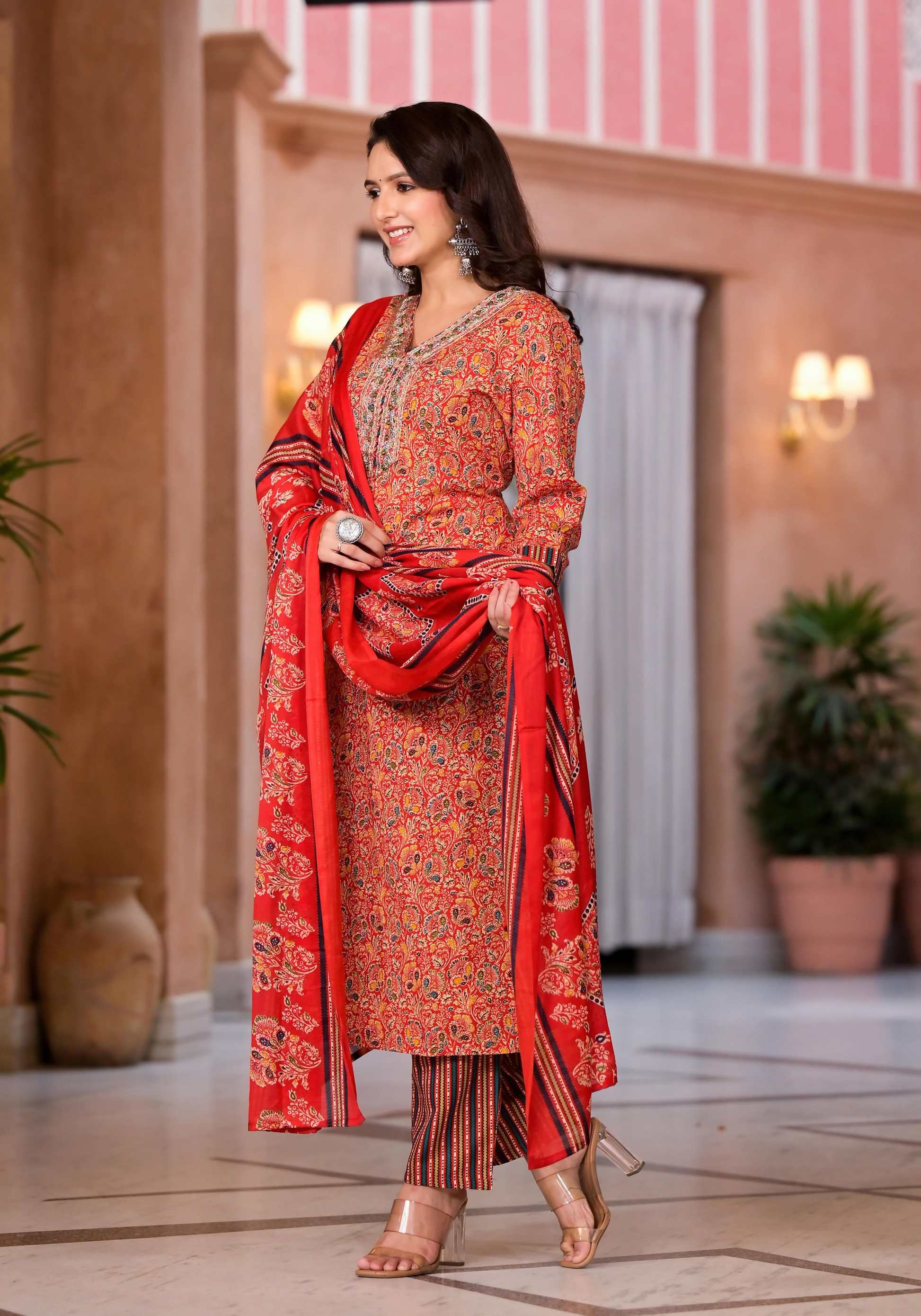 Juniper Women's Red Cotton Ethnic Motif Printed Kurta Set With Sequins & Thread Work