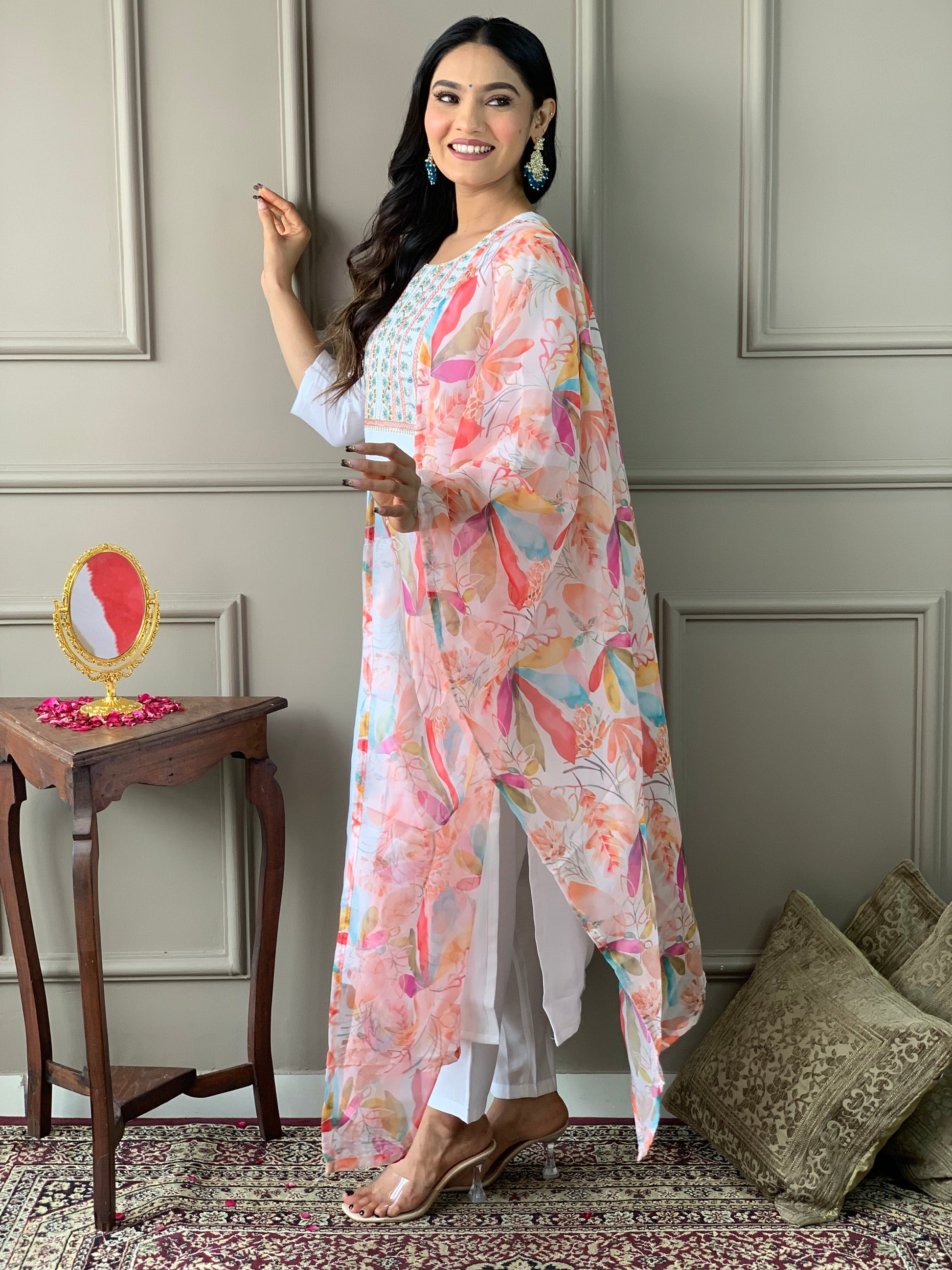 Teeya Creation White Colour Viscose Chanderi Silk Embroidery Work Fully Stitched Kurti Set