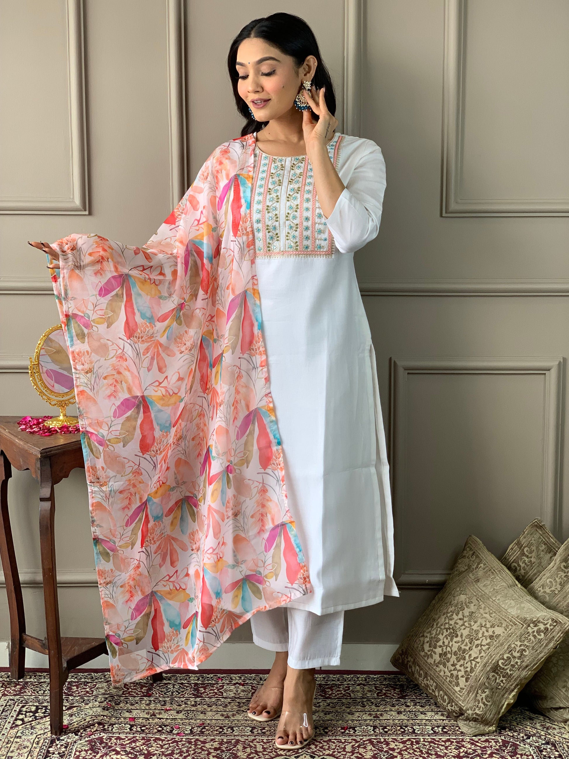 Teeya Creation White Colour Viscose Chanderi Silk Embroidery Work Fully Stitched Kurti Set