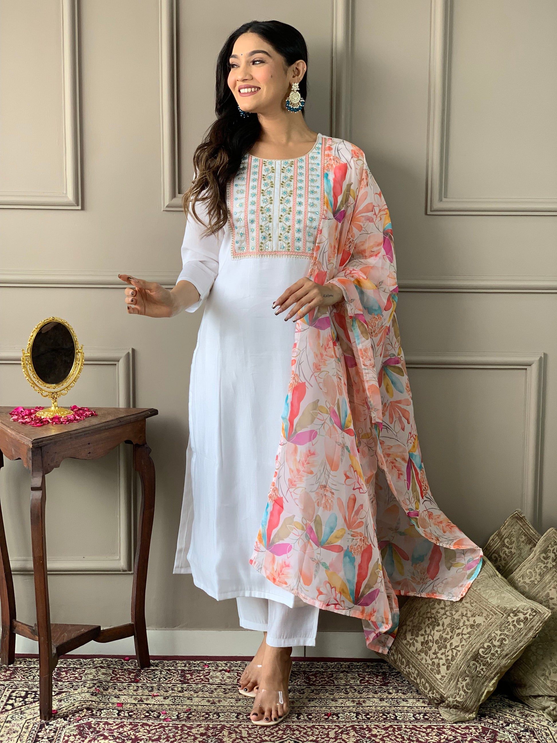 Teeya Creation White Colour Viscose Chanderi Silk Embroidery Work Fully Stitched Kurti Set
