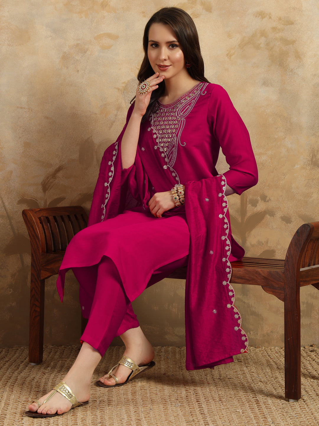 Teeya Creation Rani Colour Viscose Chanderi Embroidery Work Fully Stitched Kurti Set