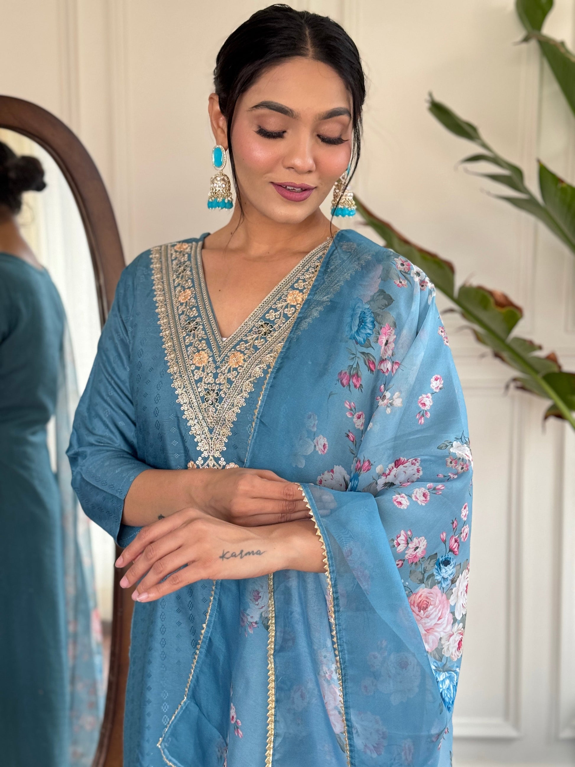 Teeya Creation Blue Colour Viscose Rayon Embroidery Work Fully Stitched Kurti Set