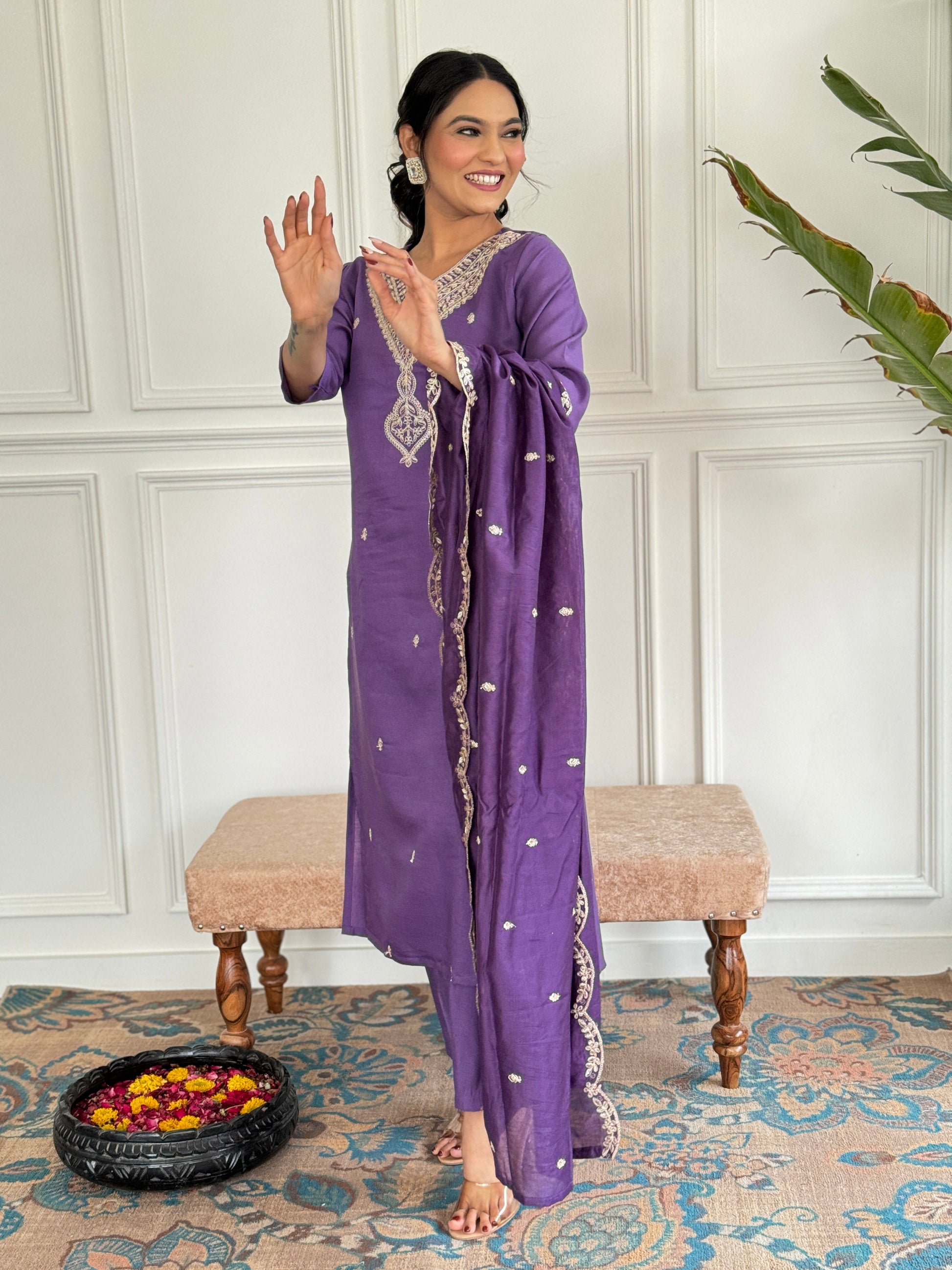 Teeya Creation Purple Colour Viscose Chanderi Embroidery Work Fully Stitched Kurti Set