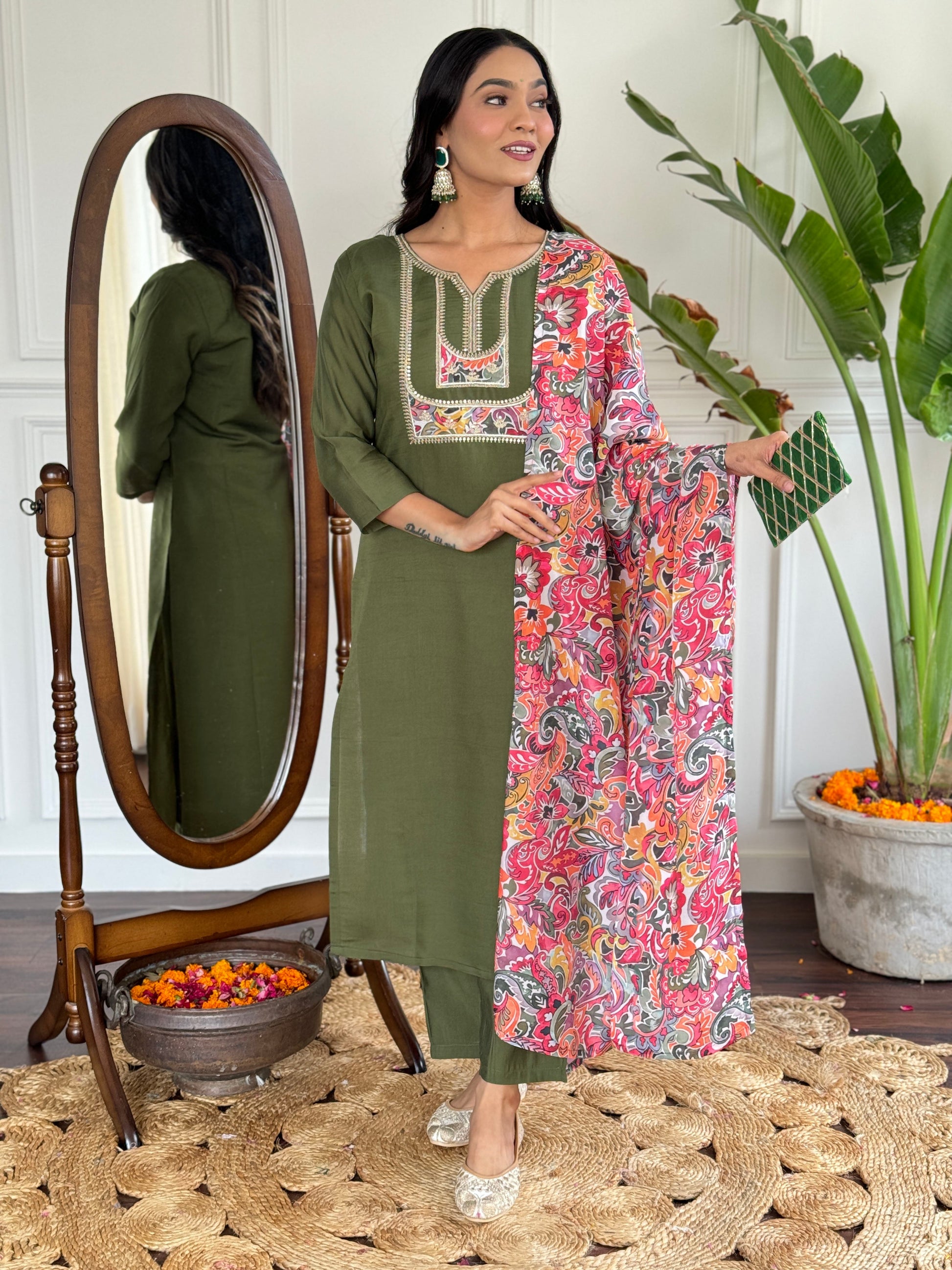 Teeya Creation Green Colour Viscose Chanderi Embroidery Work Fully Stitched Kurti Set