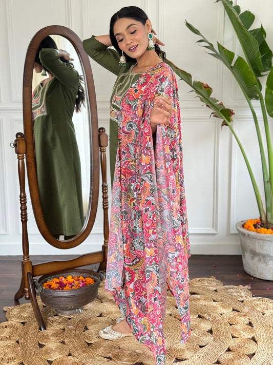 Teeya Creation Green Colour Viscose Chanderi Embroidery Work Fully Stitched Kurti Set