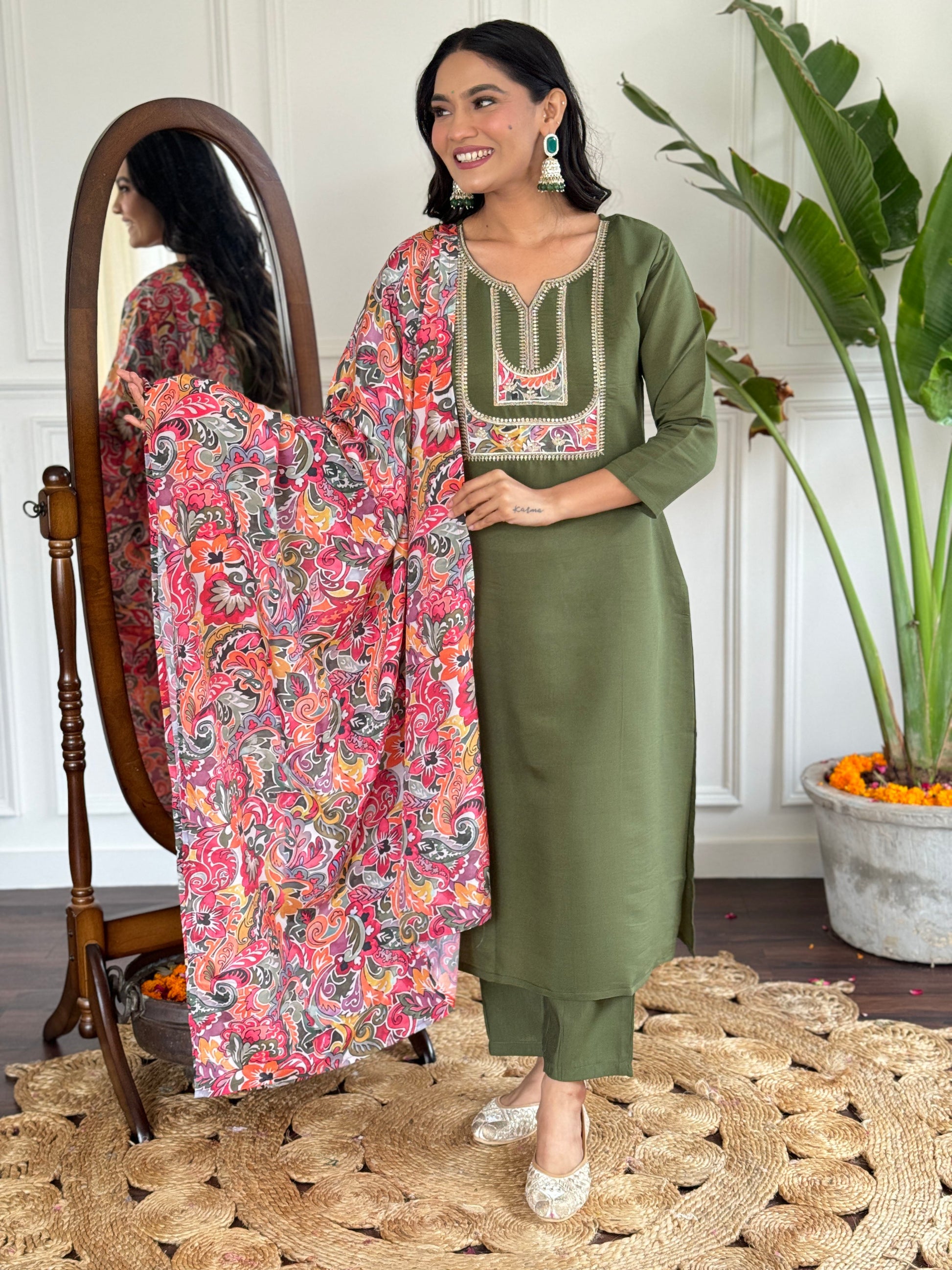 Teeya Creation Green Colour Viscose Chanderi Embroidery Work Fully Stitched Kurti Set