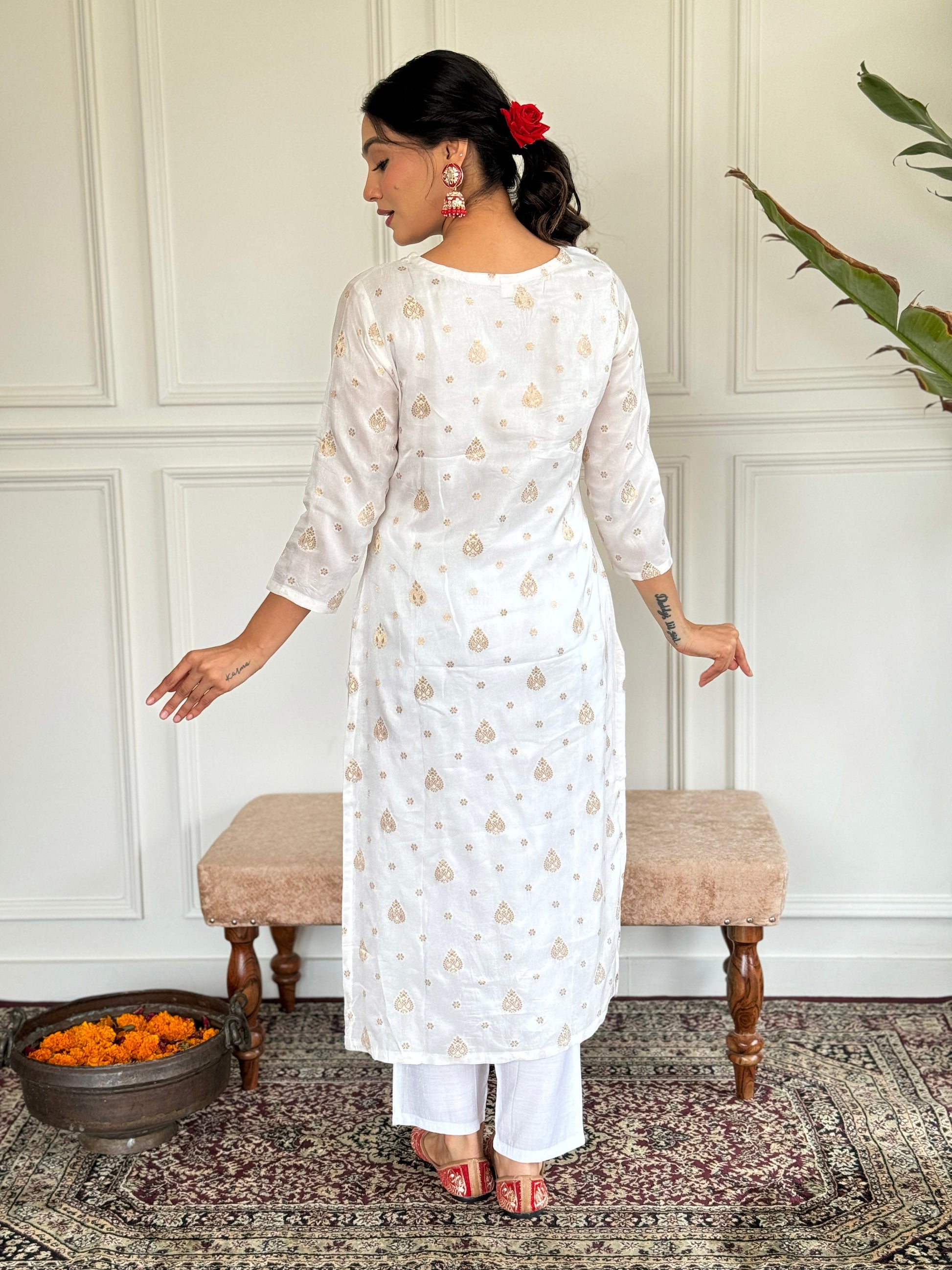 Teeya Creation White Colour Jacquard Embroidery Work Fully Stitched Kurti Set