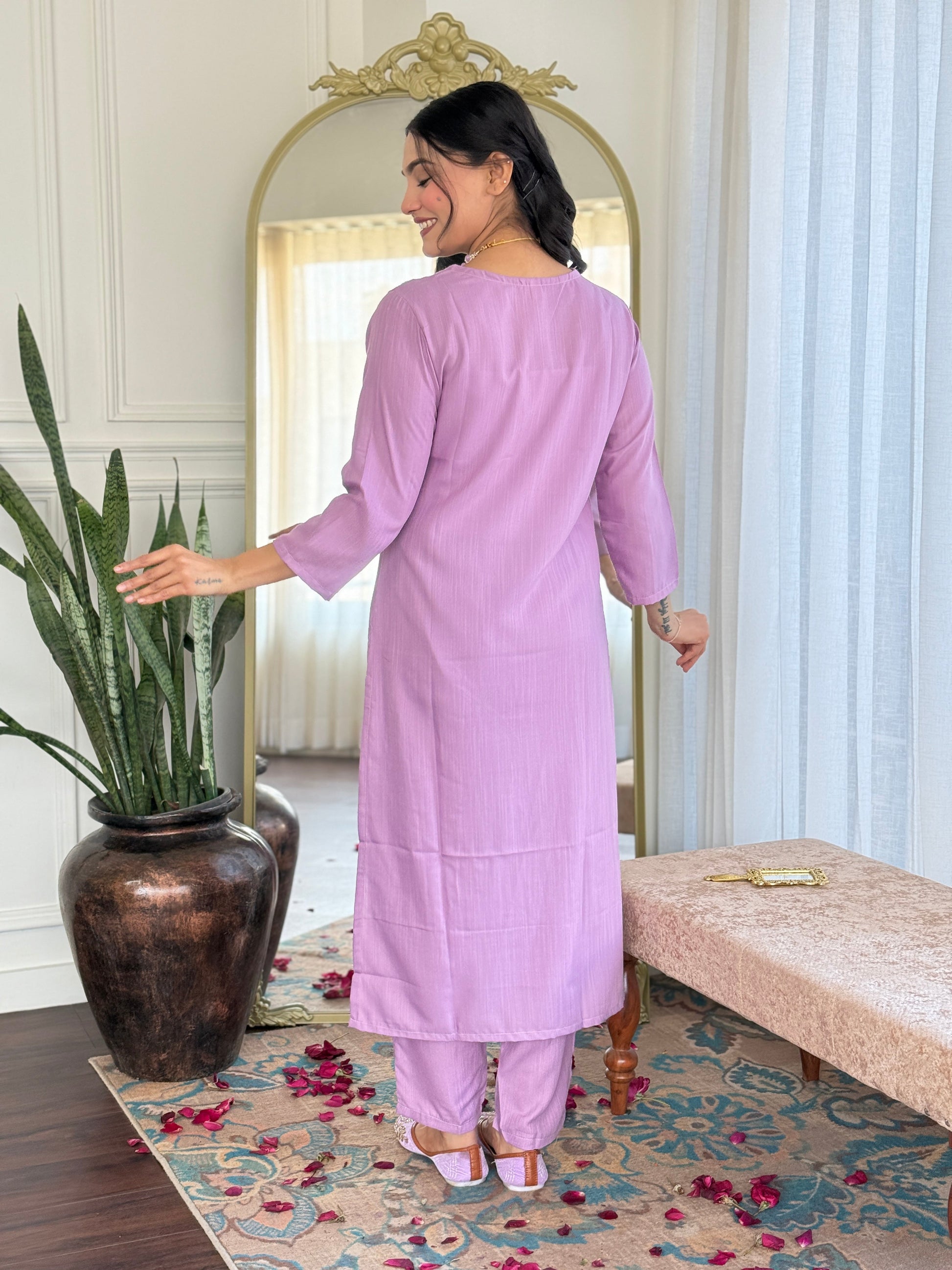 Teeya Creation Baby Pink Colour Viscose Slub Embroidery Work Fully Stitched Kurti Set