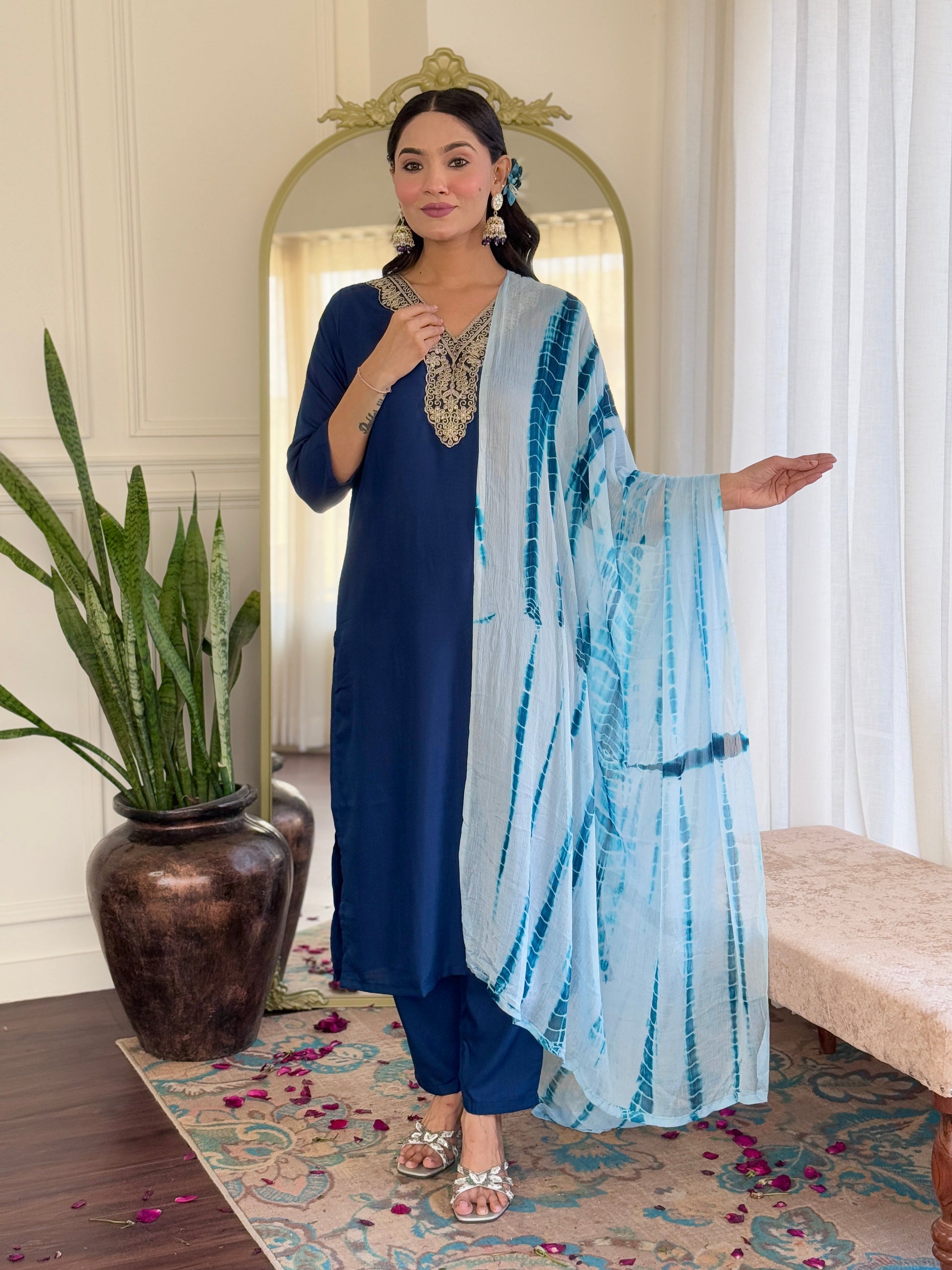 Teeya Creation Blue Colour Viscose Slub Embroidery Work Fully Stitched Kurti Set