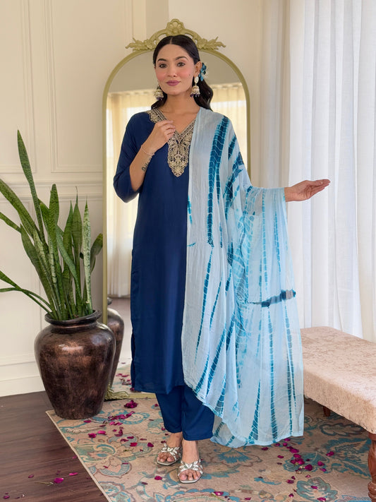 Teeya Creation Blue Colour Viscose Slub Embroidery Work Fully Stitched Kurti Set