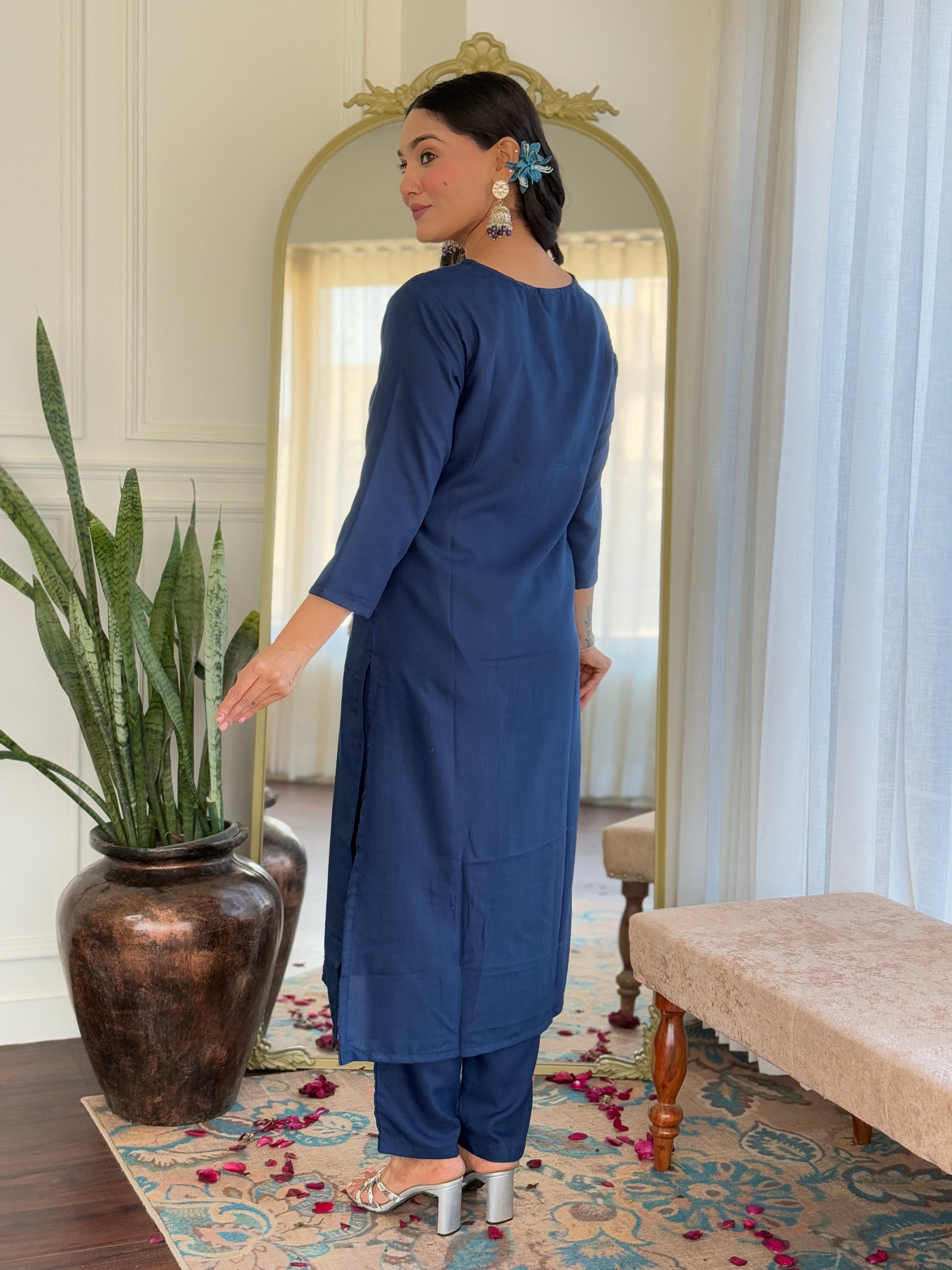 Teeya Creation Blue Colour Viscose Slub Embroidery Work Fully Stitched Kurti Set