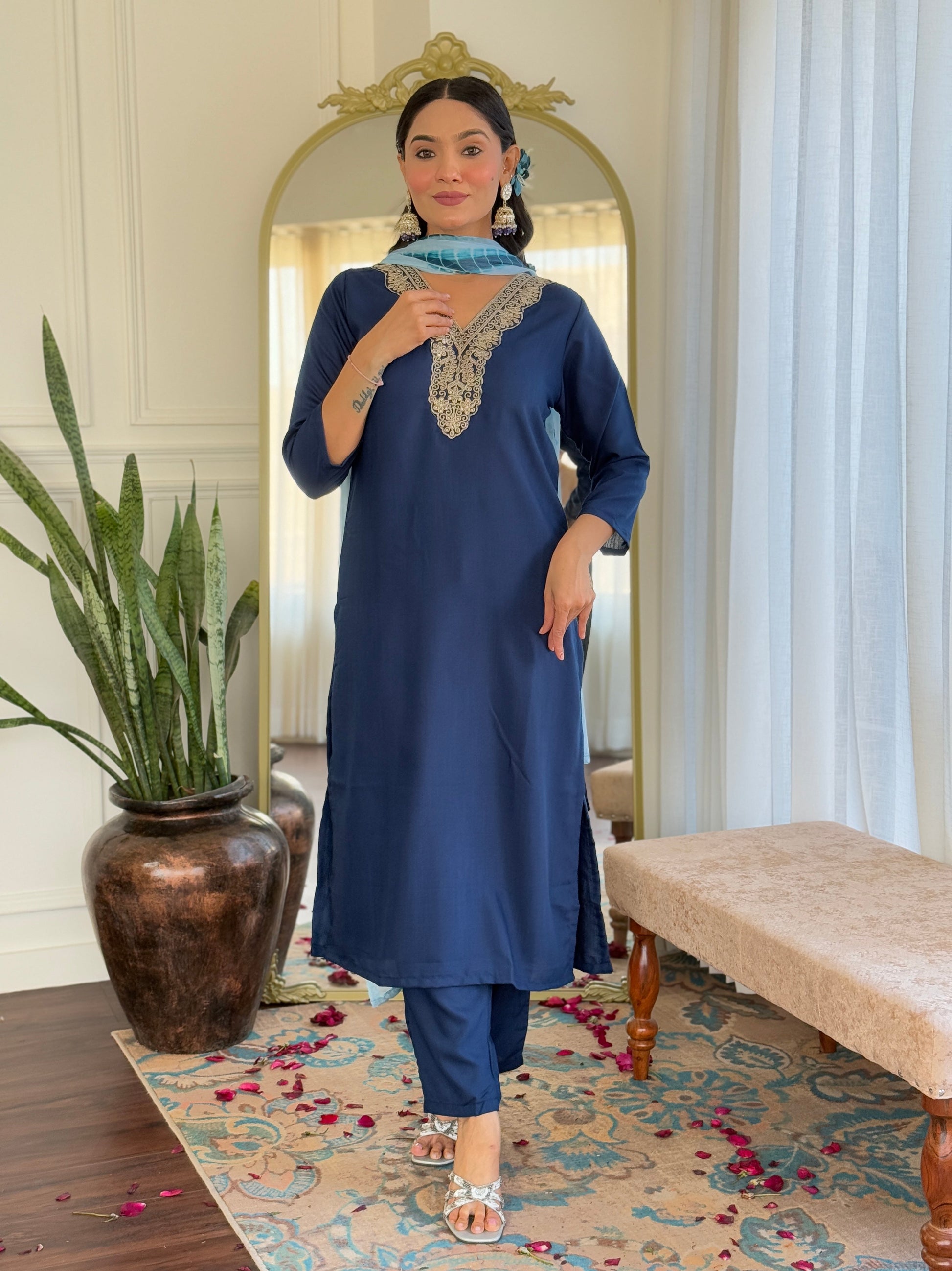 Teeya Creation Blue Colour Viscose Slub Embroidery Work Fully Stitched Kurti Set