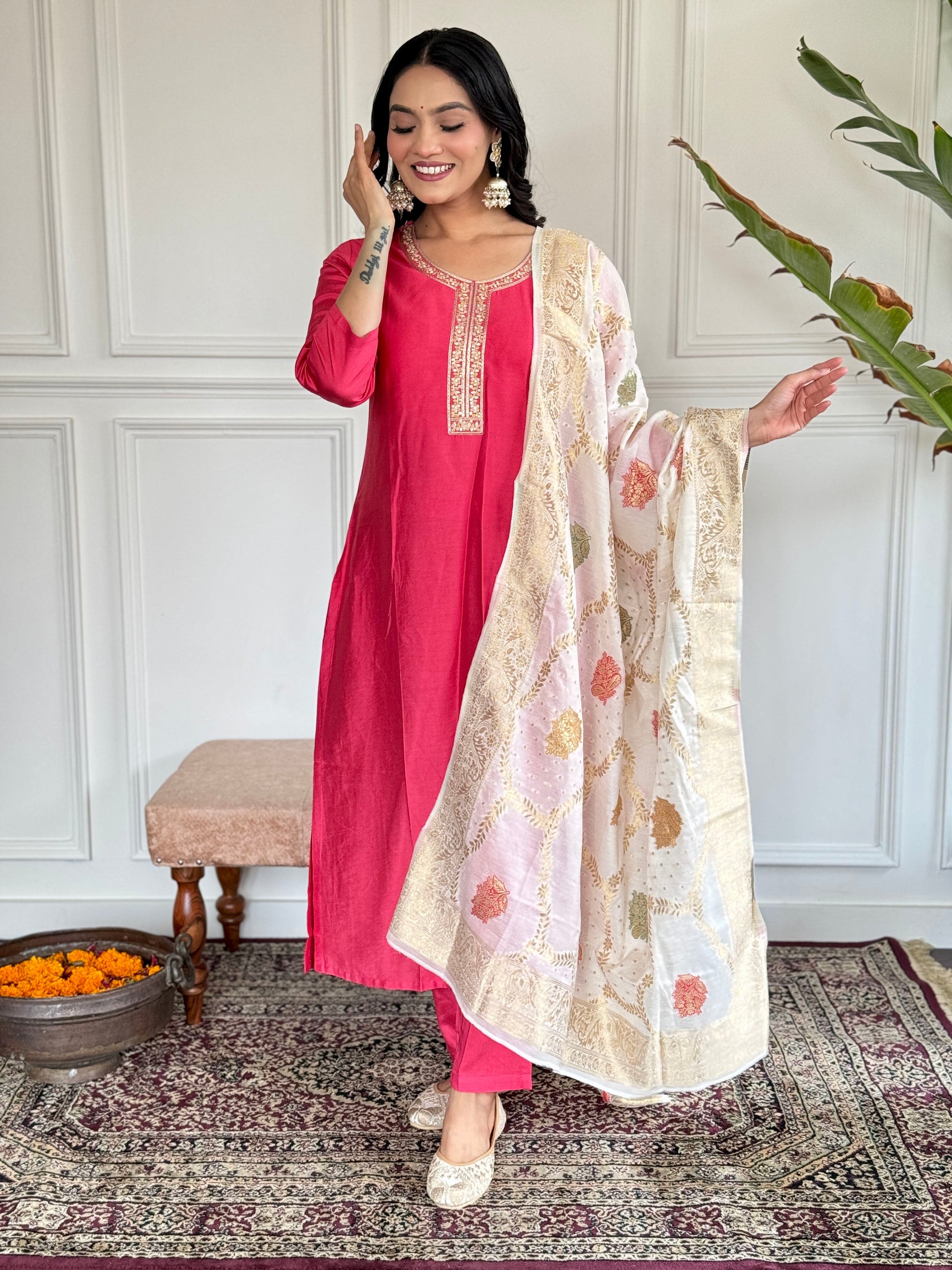 Teeya Creation Pink Colour Viscose Chanderi Embroidery Work Fully Stitched Kurti Set