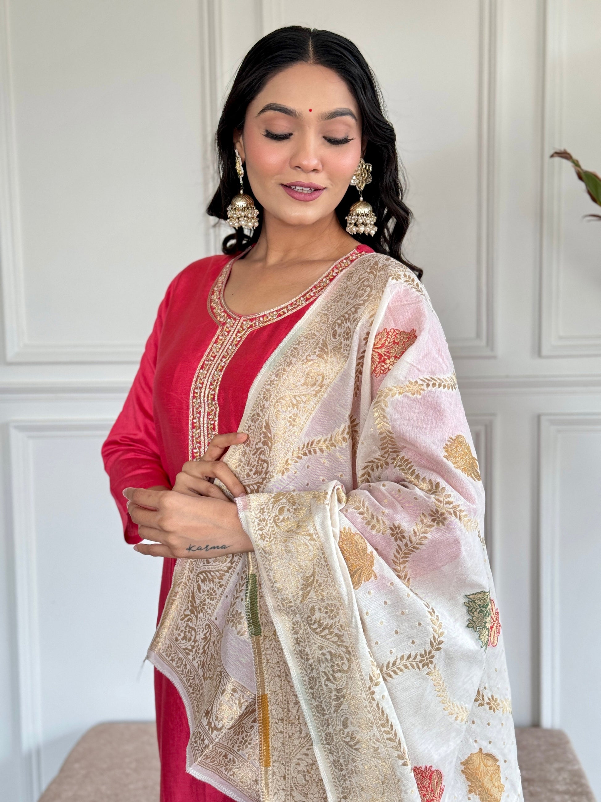 Teeya Creation Pink Colour Viscose Chanderi Embroidery Work Fully Stitched Kurti Set