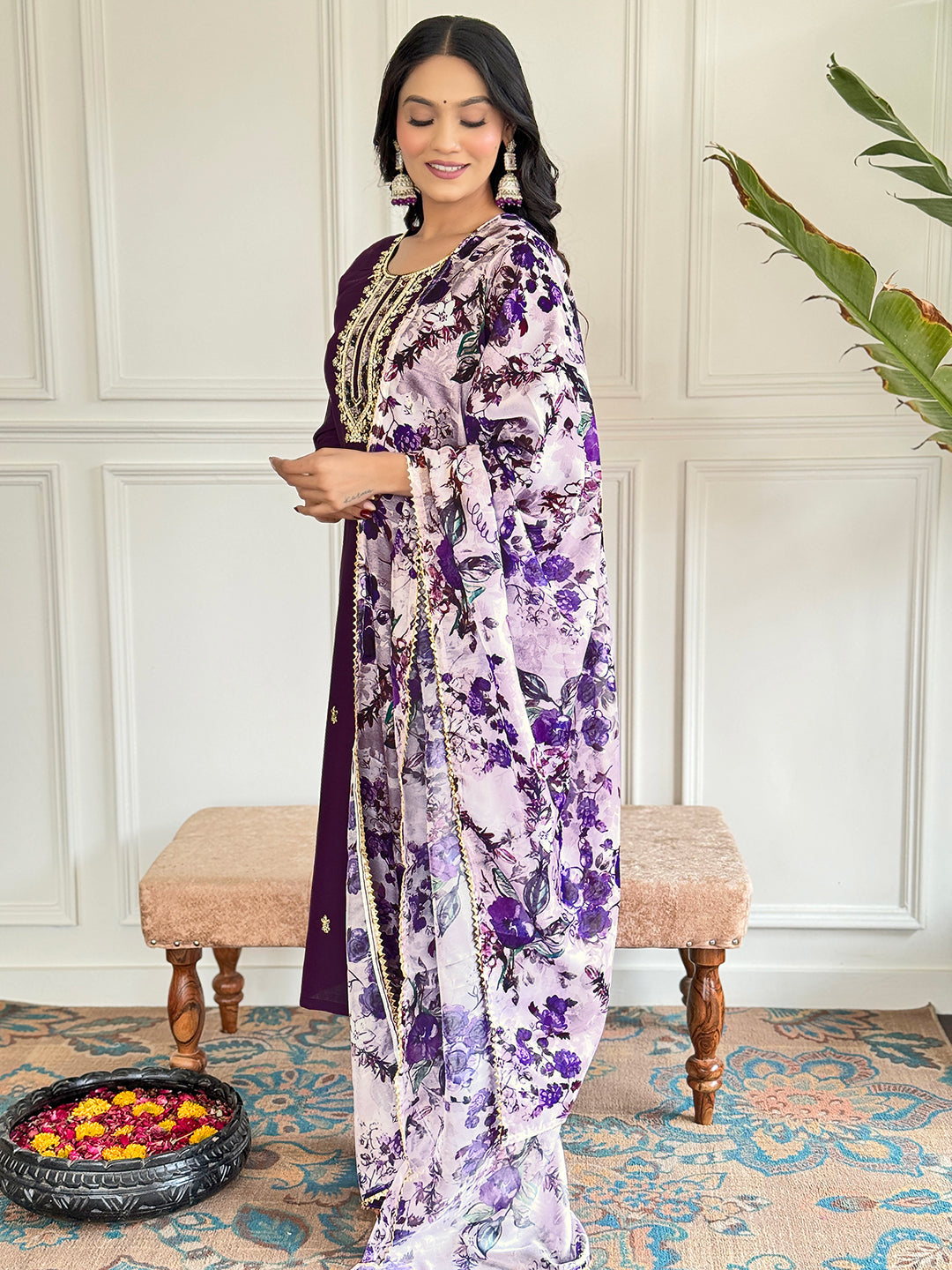 Teeya Creation Purple Colour Viscose Chanderi Embroidery Work Fully Stitched Kurti Set