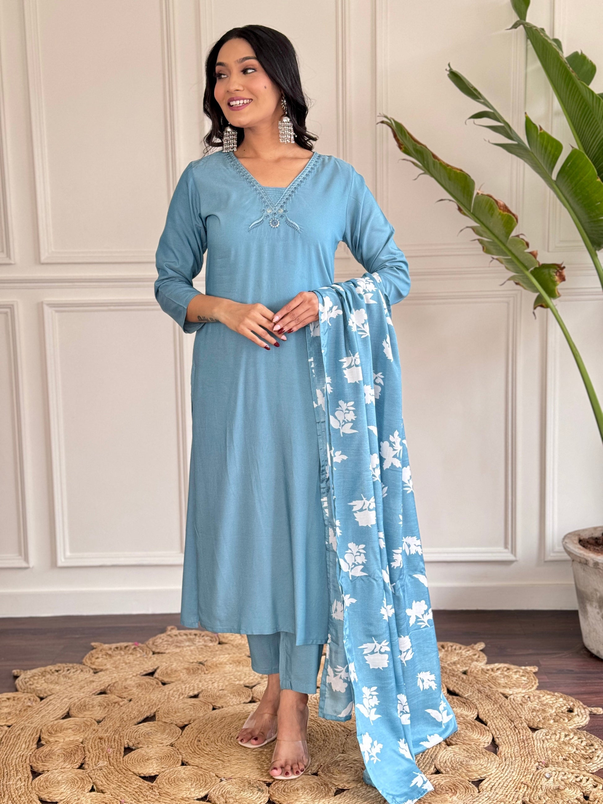 Teeya Creation Grey Colour Viscose Chander Embroidery Work Fully Stitched Kurti Set