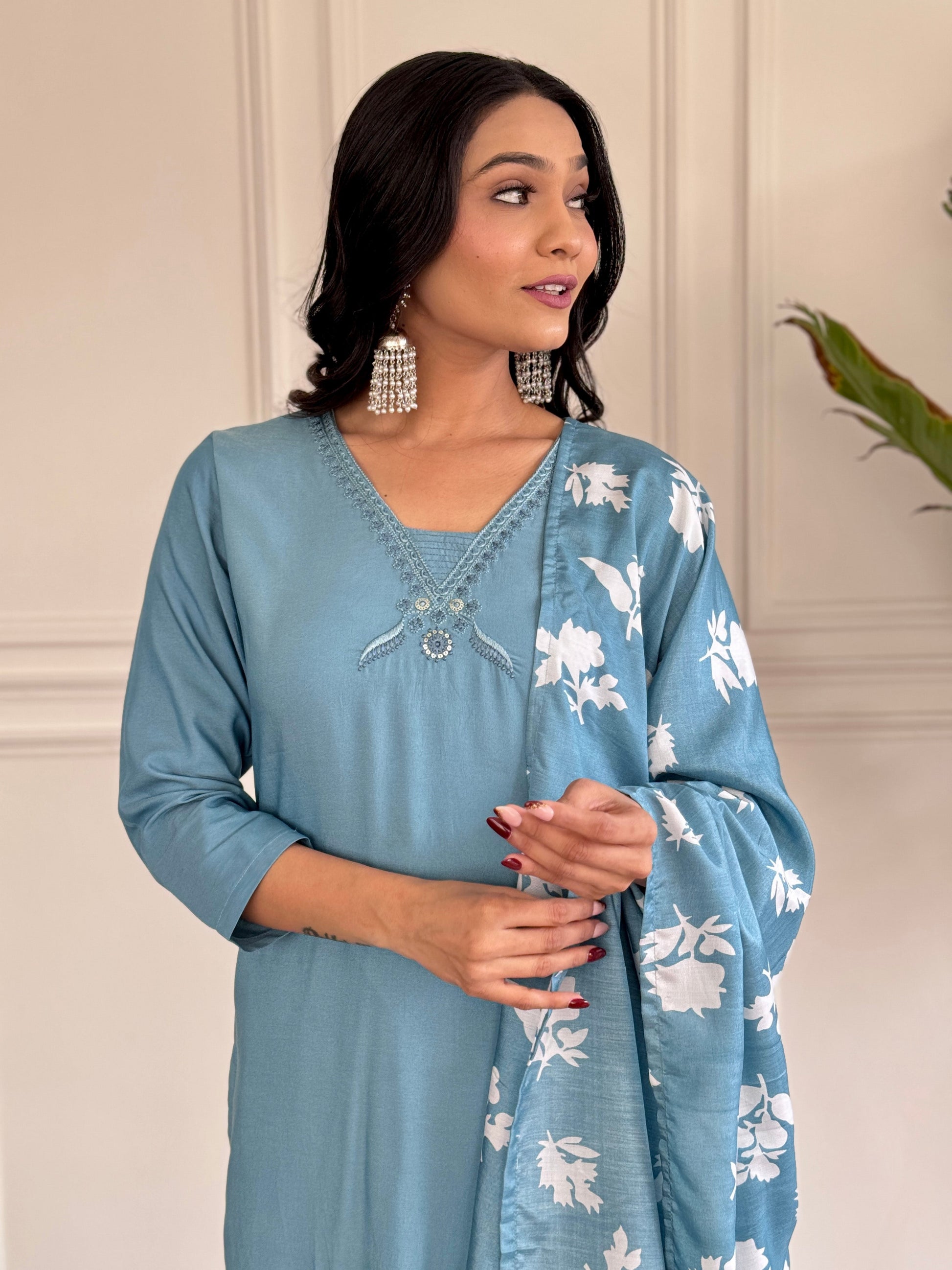Teeya Creation Grey Colour Viscose Chander Embroidery Work Fully Stitched Kurti Set