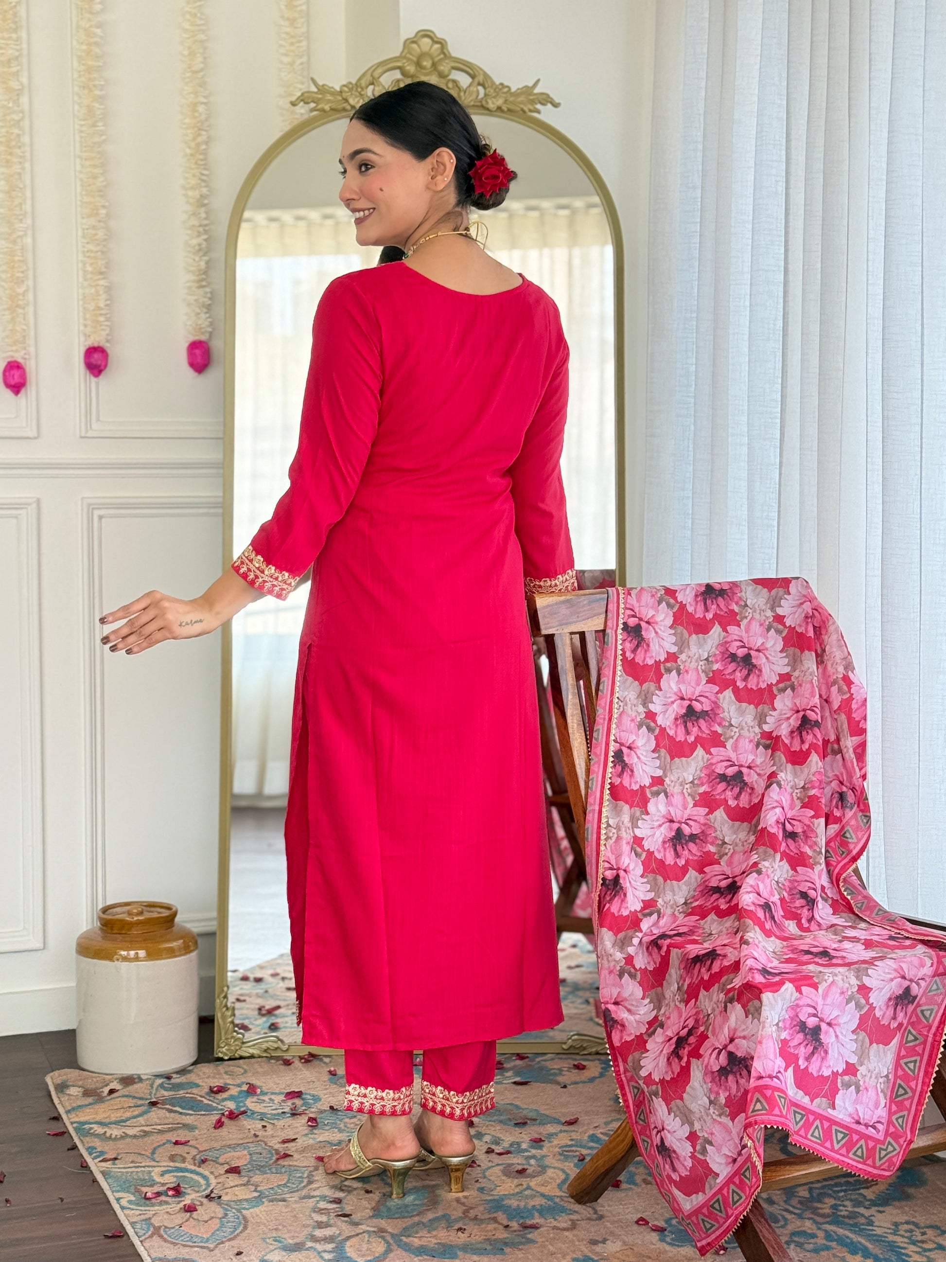Teeya Creation Rani Colour Viscose Slub Embroidery Work Fully Stitched Kurti Set