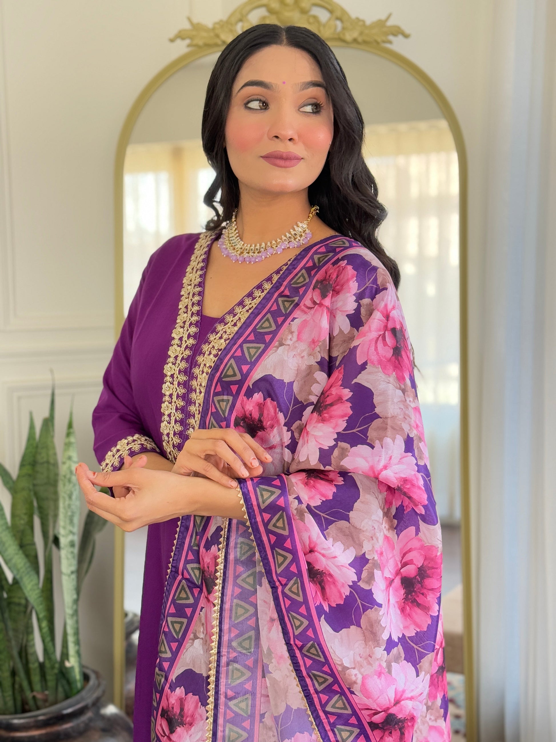 Teeya Creation Violet Colour Viscose Slub Embroidery Work Fully Stitched Kurti Set