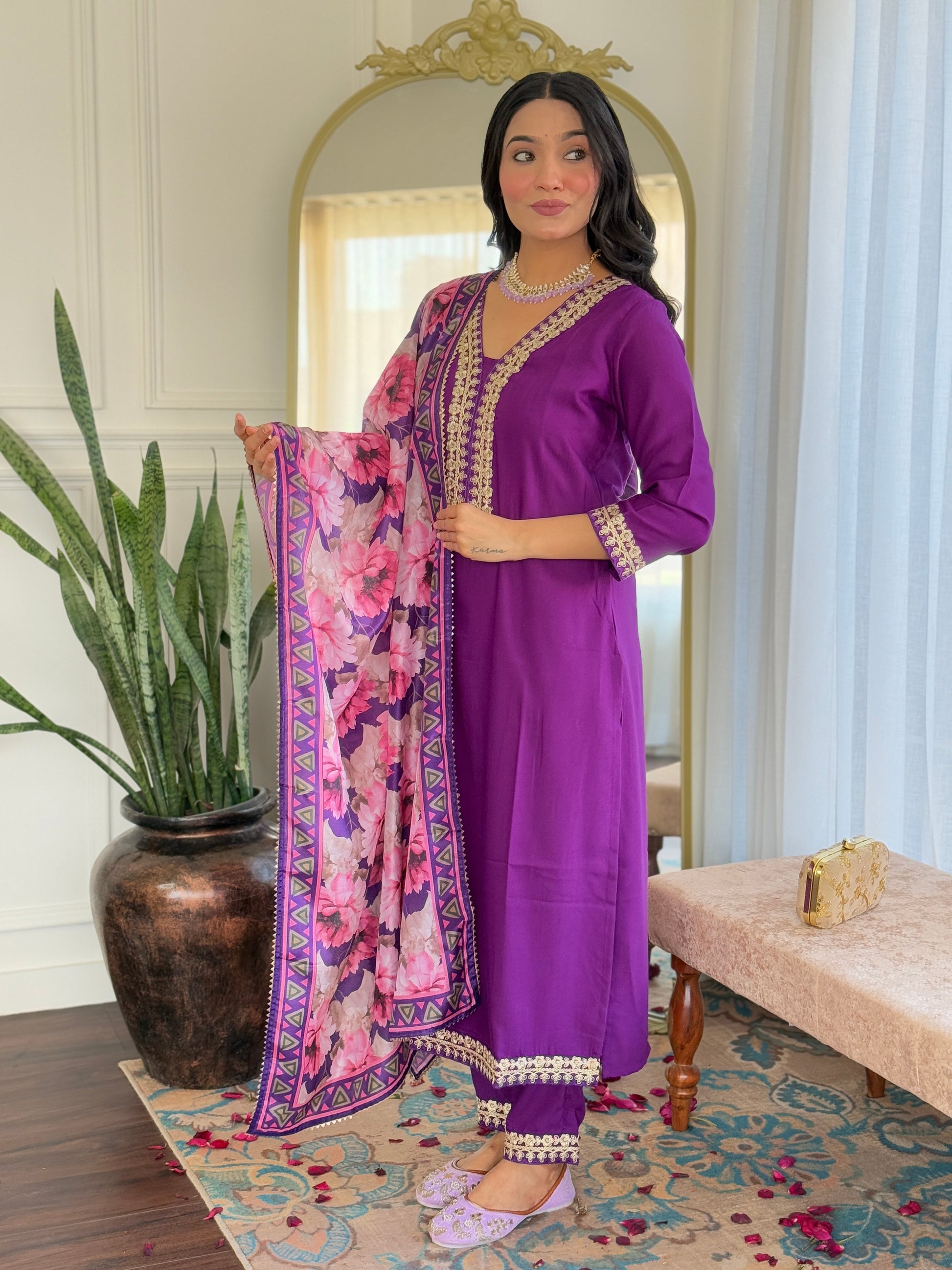 Teeya Creation Violet Colour Viscose Slub Embroidery Work Fully Stitched Kurti Set