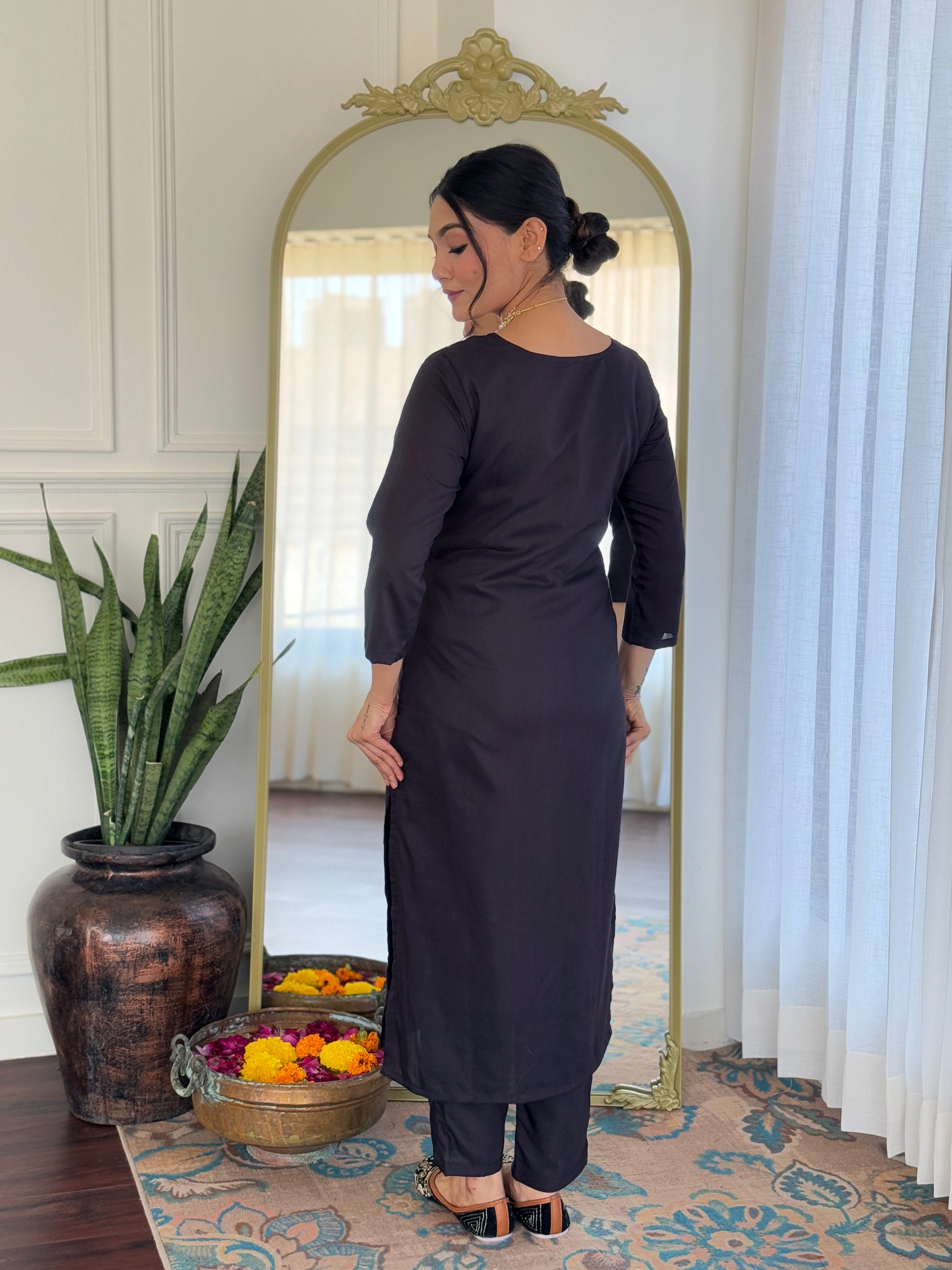 Teeya Creation Black Colour Viscose Slub Embroidery Work Fully Stitched Kurti Set
