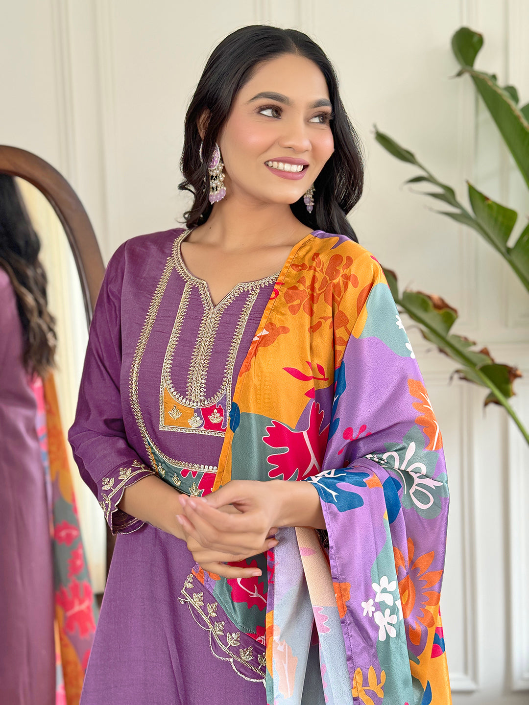 Teeya Creation Light Purple Colour Viscose Slub Embroidery Work Fully Stitched Kurti Set
