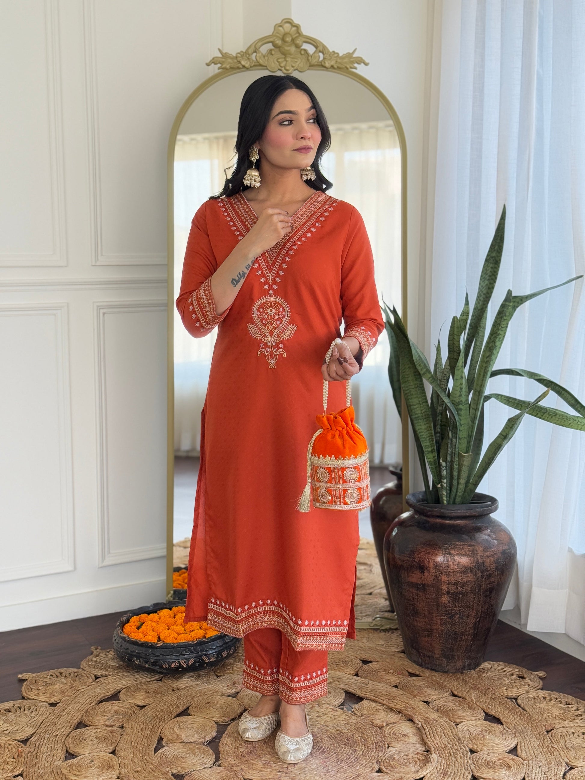 Teeya Creation Orange Color Viscose Rayon Embroidery Work Fully Stitched Kurti Set