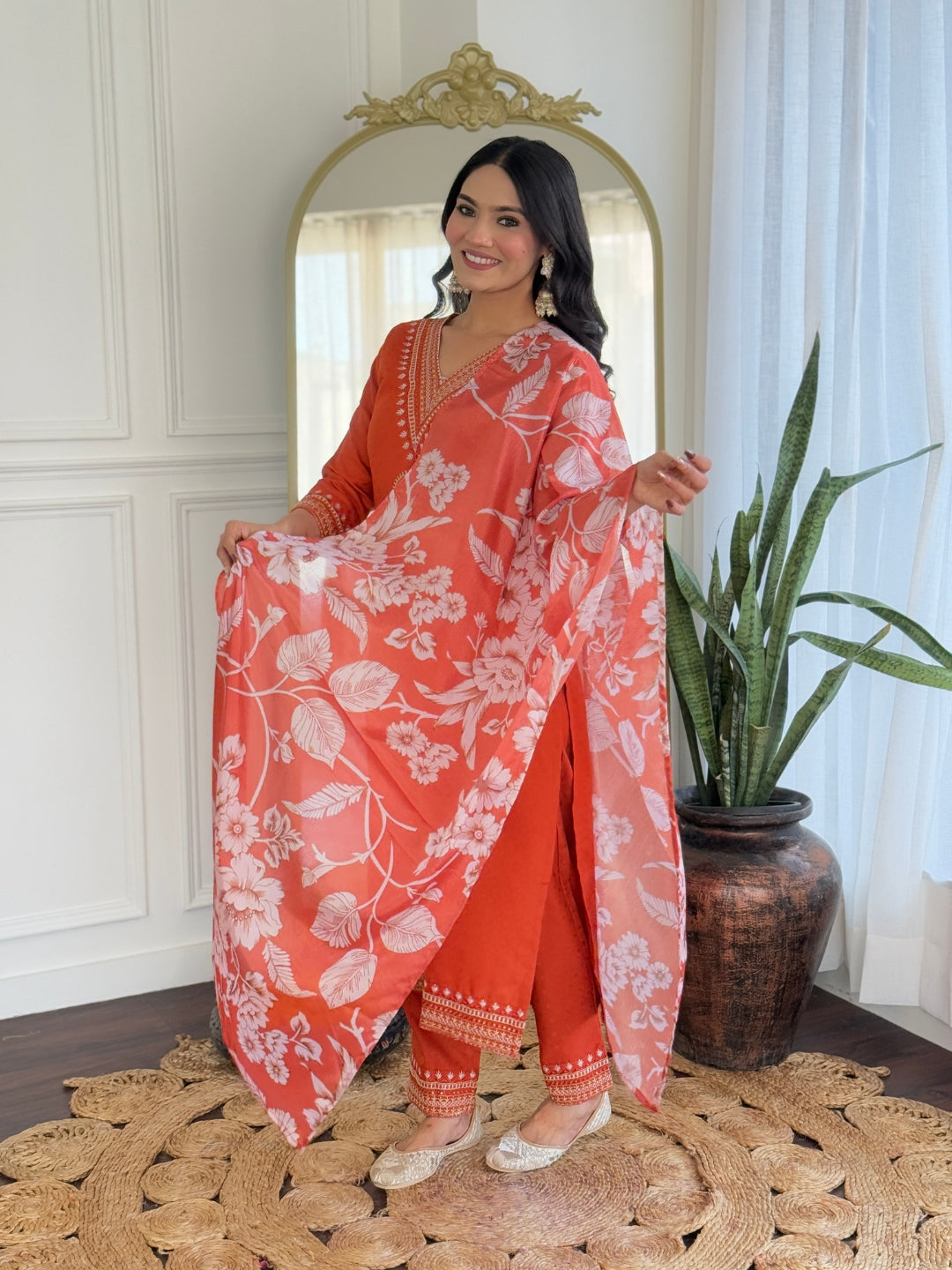 Teeya Creation Orange Color Viscose Rayon Embroidery Work Fully Stitched Kurti Set