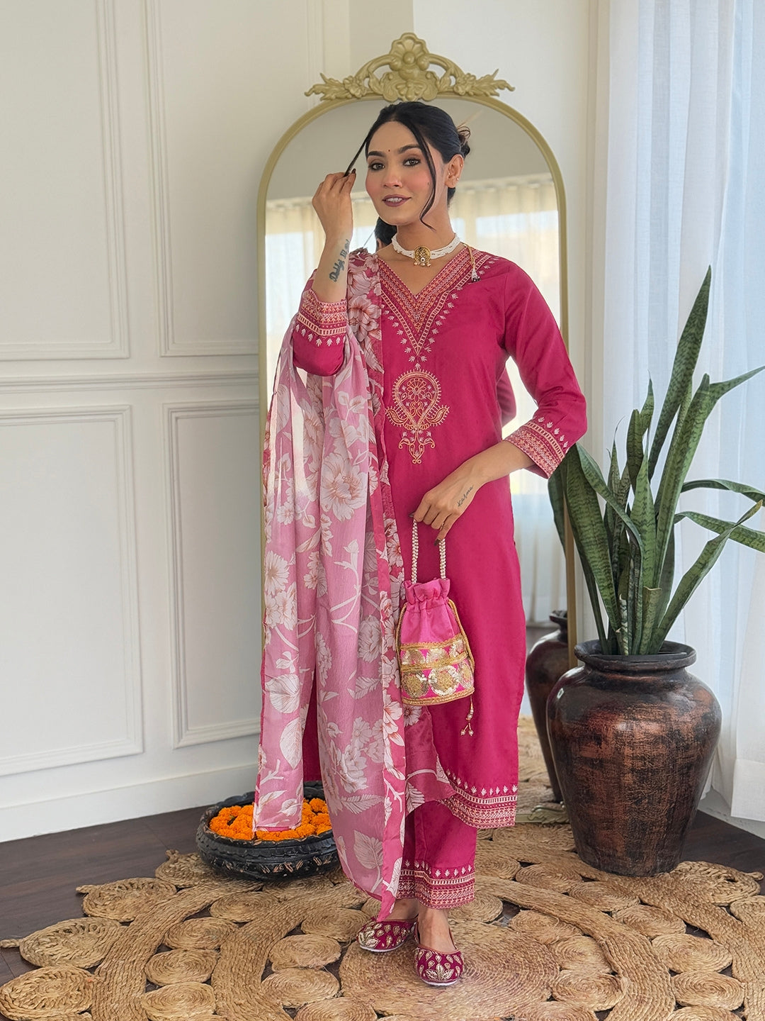 Teeya Creation Rani Color Viscose Rayon Embroidery Work Fully Stitched Kurti Set