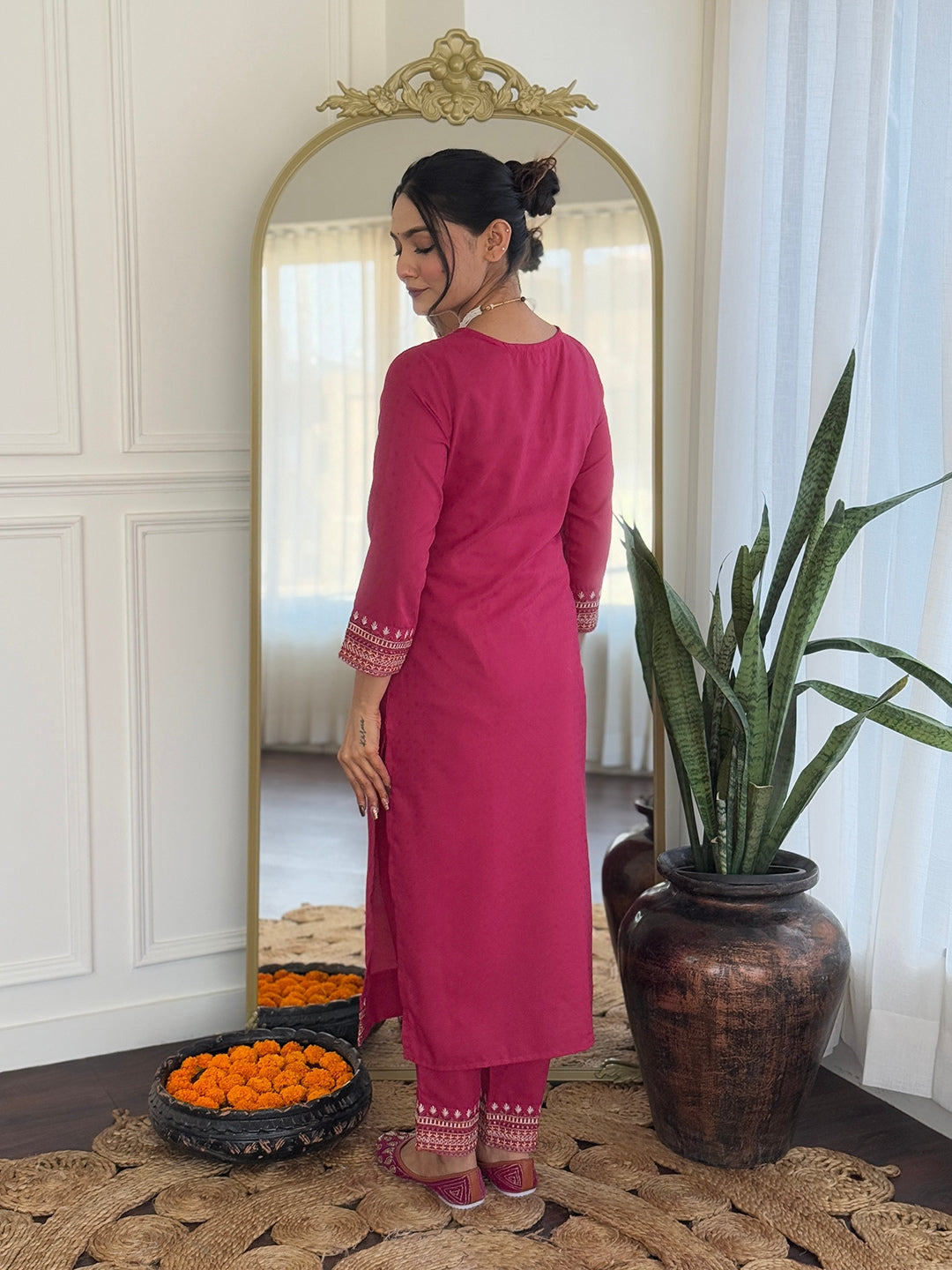 Teeya Creation Rani Color Viscose Rayon Embroidery Work Fully Stitched Kurti Set
