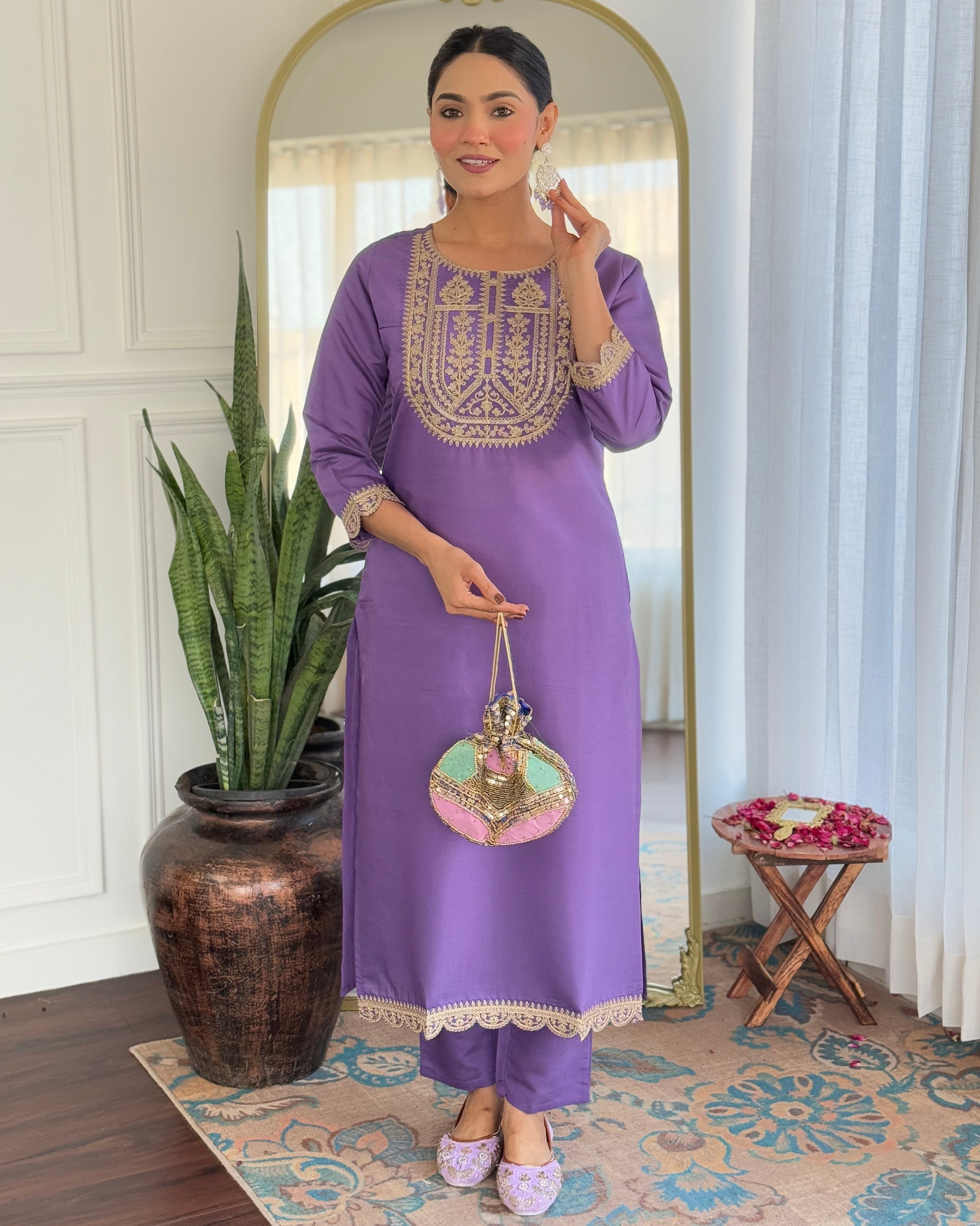 Teeya Creation Lavender Color Viscose Rayon Embroidery Work Fully Stitched Kurti Set