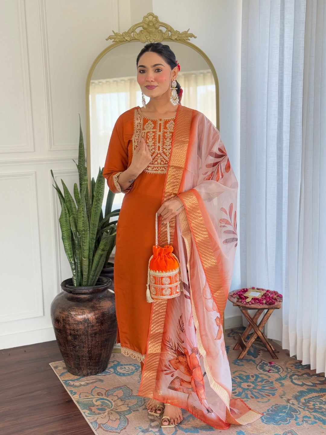 Teeya Creation Orange Color Viscose Rayon Embroidery Work Fully Stitched Kurti Set