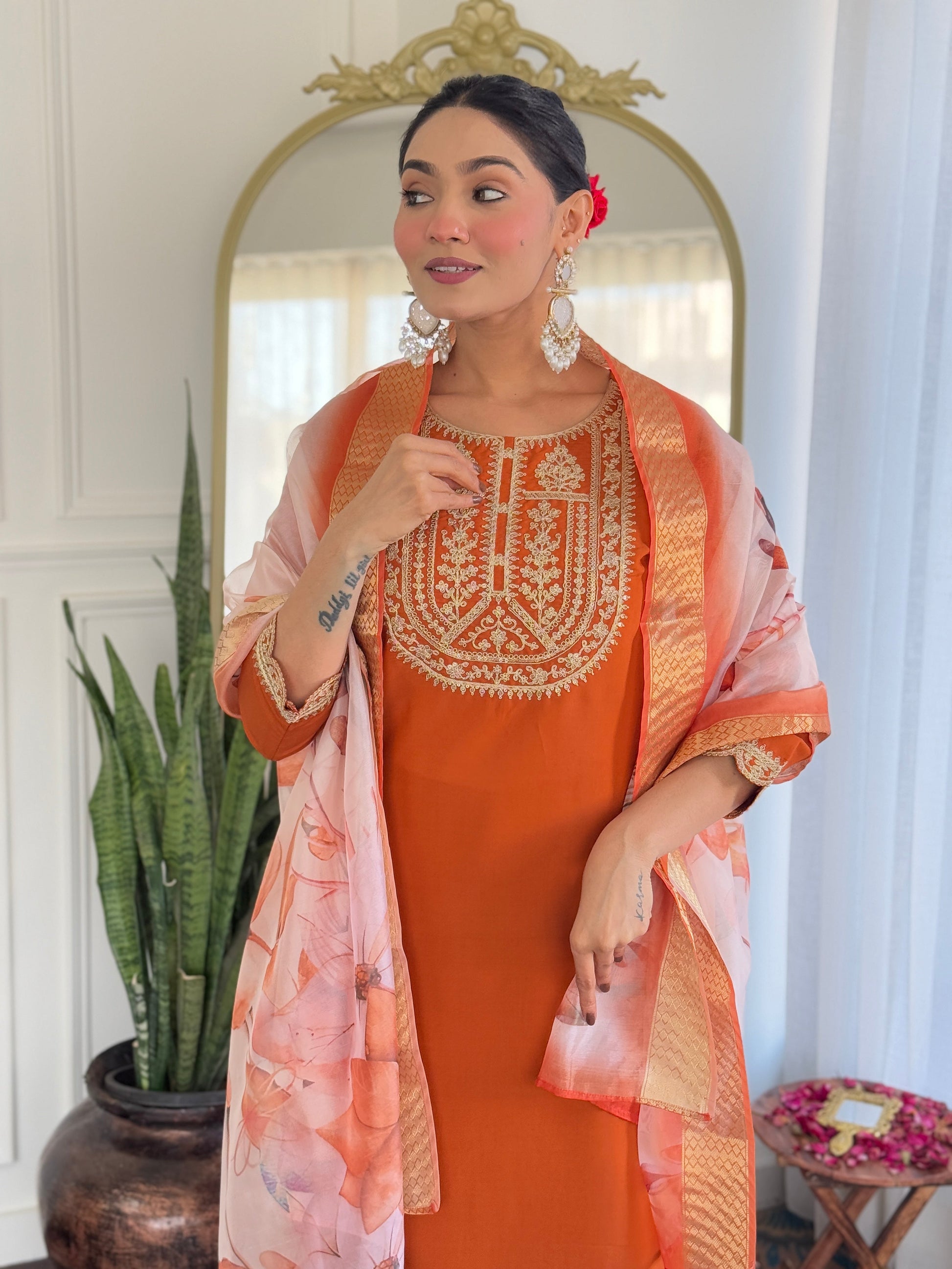 Teeya Creation Orange Color Viscose Rayon Embroidery Work Fully Stitched Kurti Set