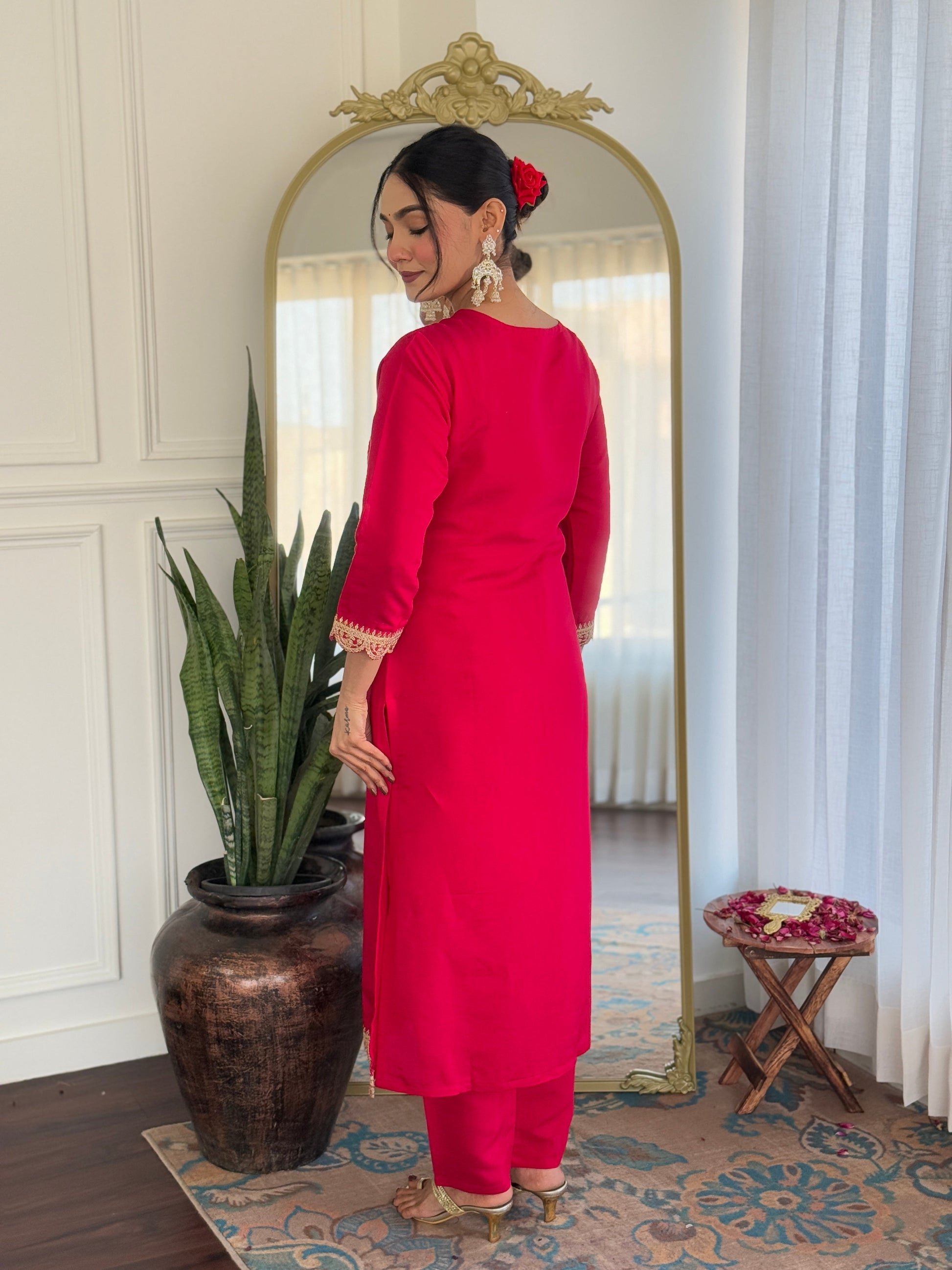 Teeya Creation Rani Color Viscose Rayon Embroidery Work Fully Stitched Kurti Set
