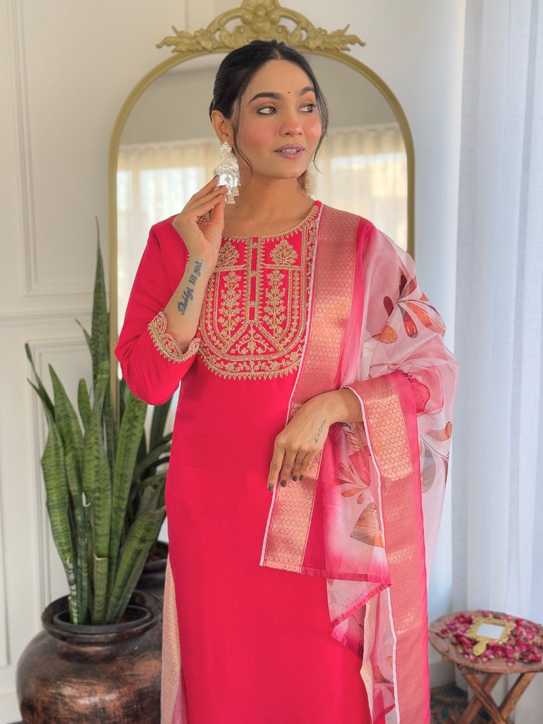 Teeya Creation Rani Color Viscose Rayon Embroidery Work Fully Stitched Kurti Set