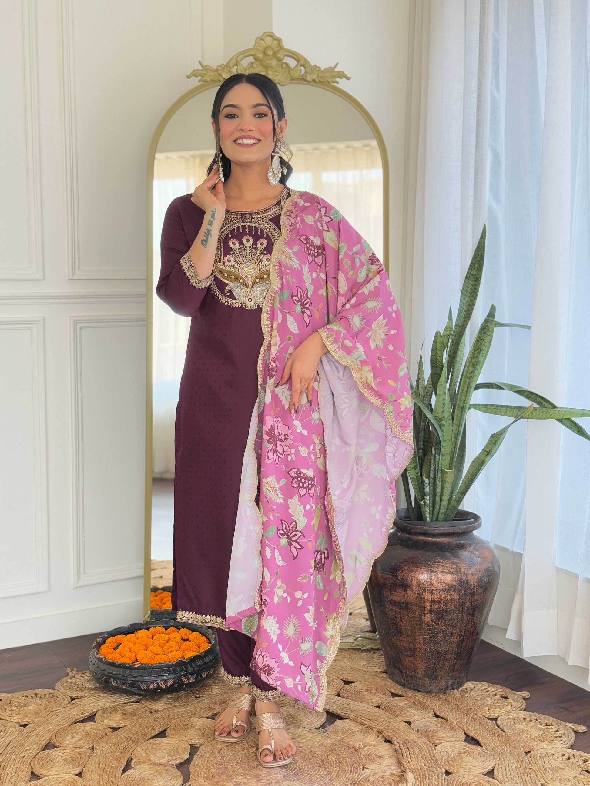 Teeya Creation Wine Color Viscose Rayon Embroidery Work Fully Stitched Kurti Set