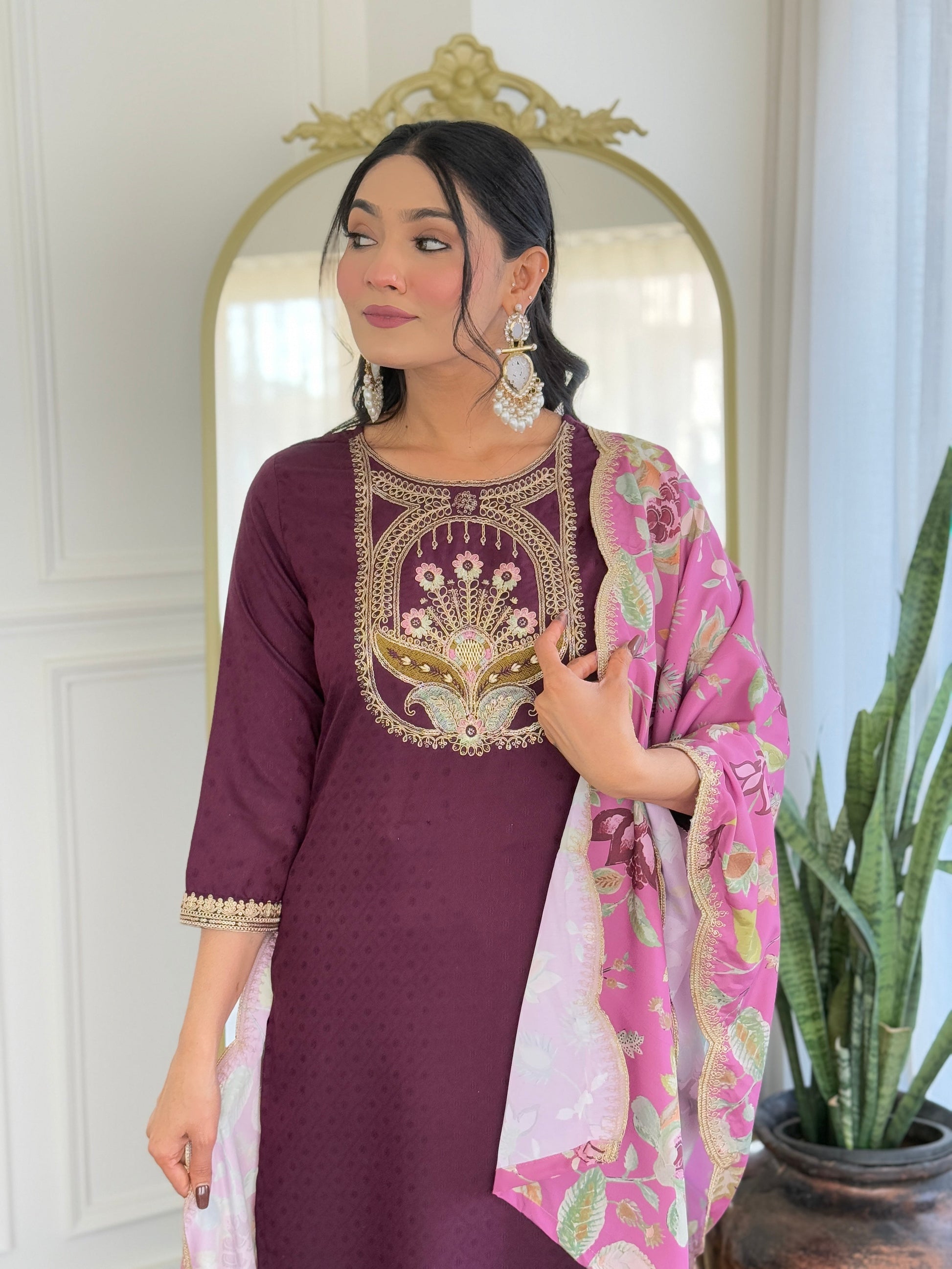 Teeya Creation Wine Color Viscose Rayon Embroidery Work Fully Stitched Kurti Set