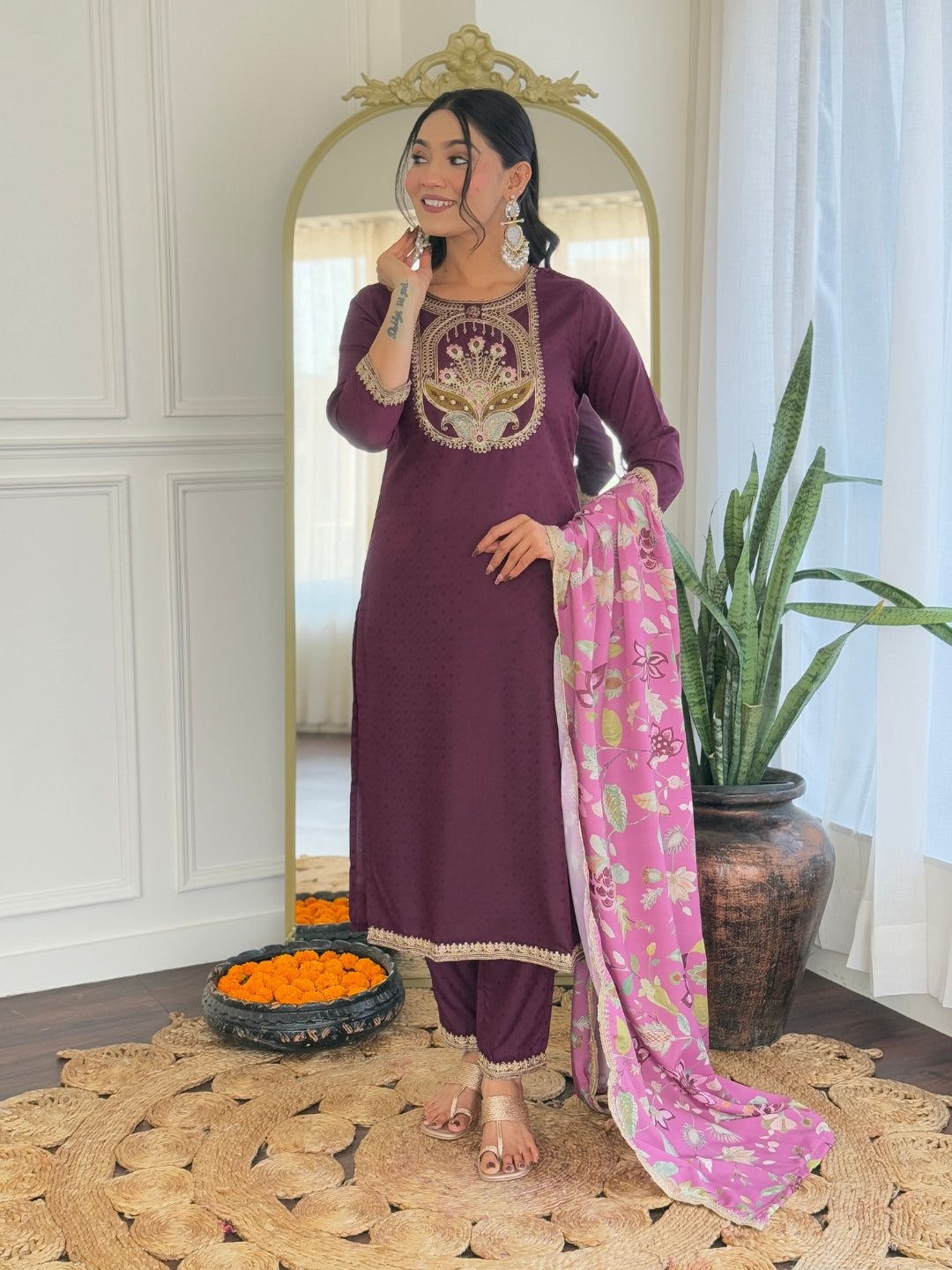 Teeya Creation Wine Color Viscose Rayon Embroidery Work Fully Stitched Kurti Set