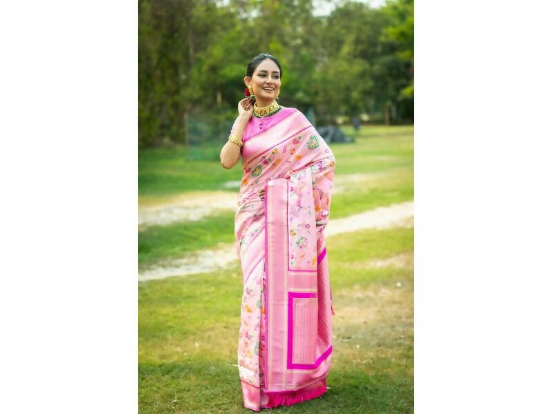 Aastha Fashion Women's Baby Pink Banarasi Silk Meenakari Zari Woven Saree with Blouse - Grab2buy