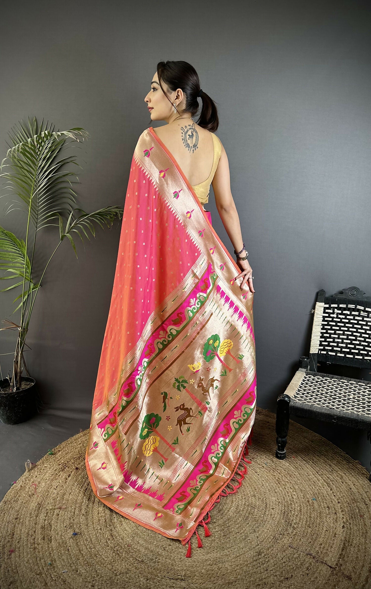 Joban Fashion Rose Pink Peacock & Floral Motifs Soft Lichi Silk Kanchipuram Saree