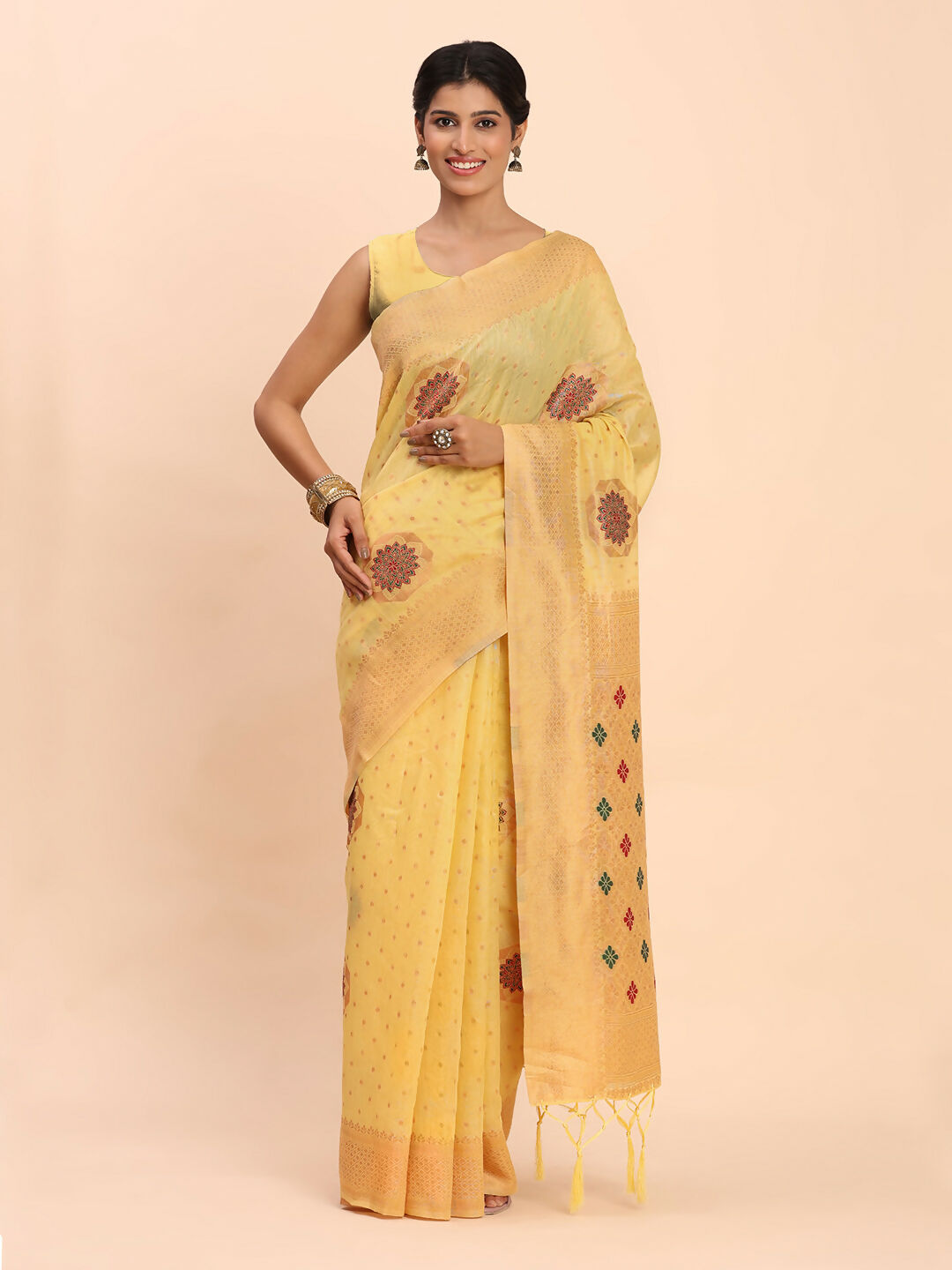 Shree Shyam Fashion Linen Cotton Yellow Saree