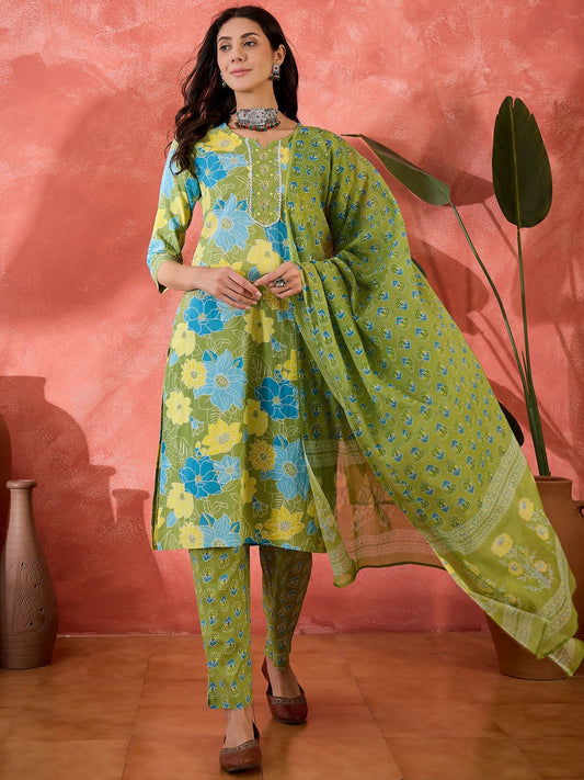 Joban Fashion Printed Green Pure Cotton Kurta Set