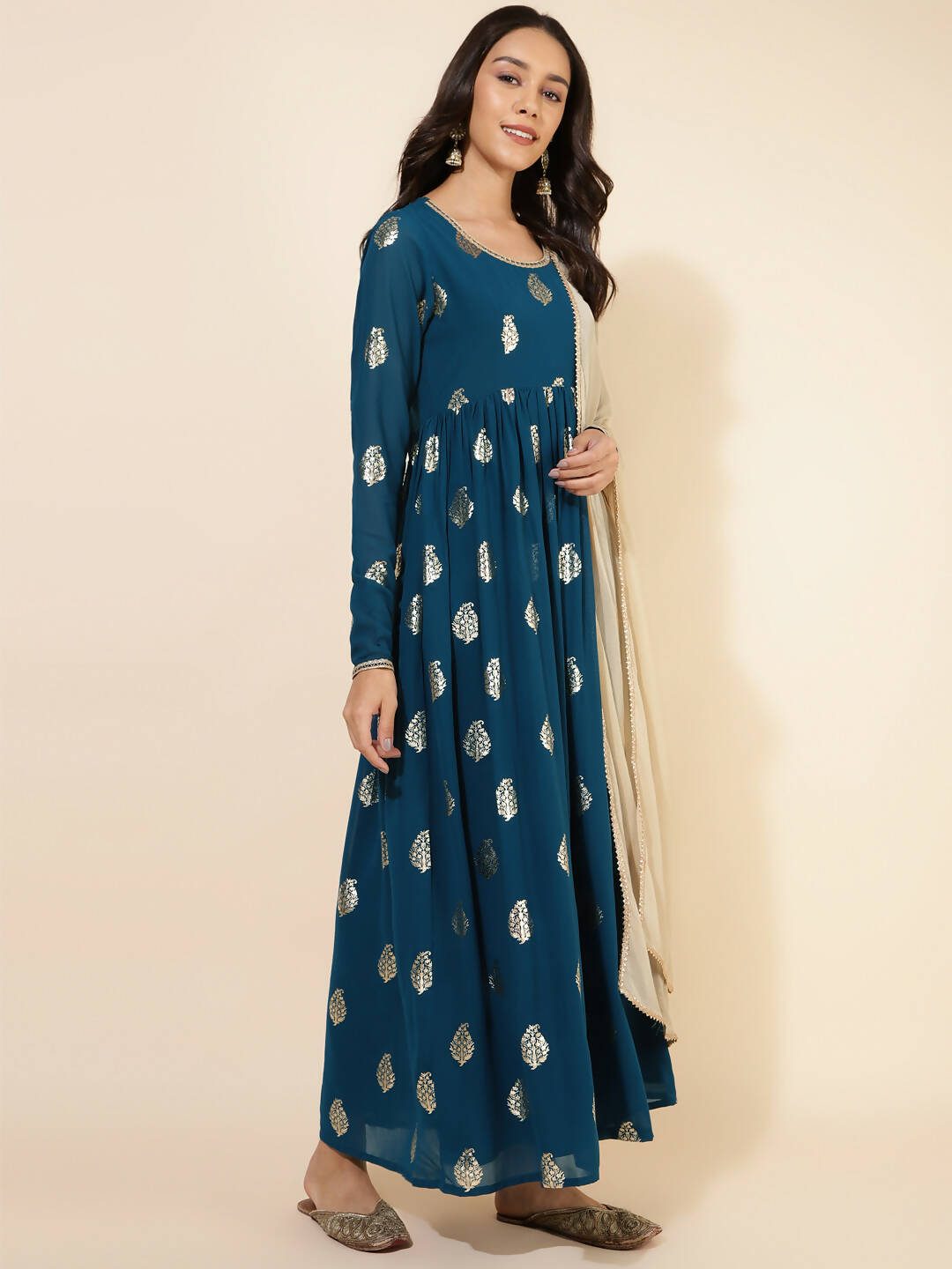 Janasya Women's Teal Blue Georgette Foil Printed Festive Flared Kurta Set 